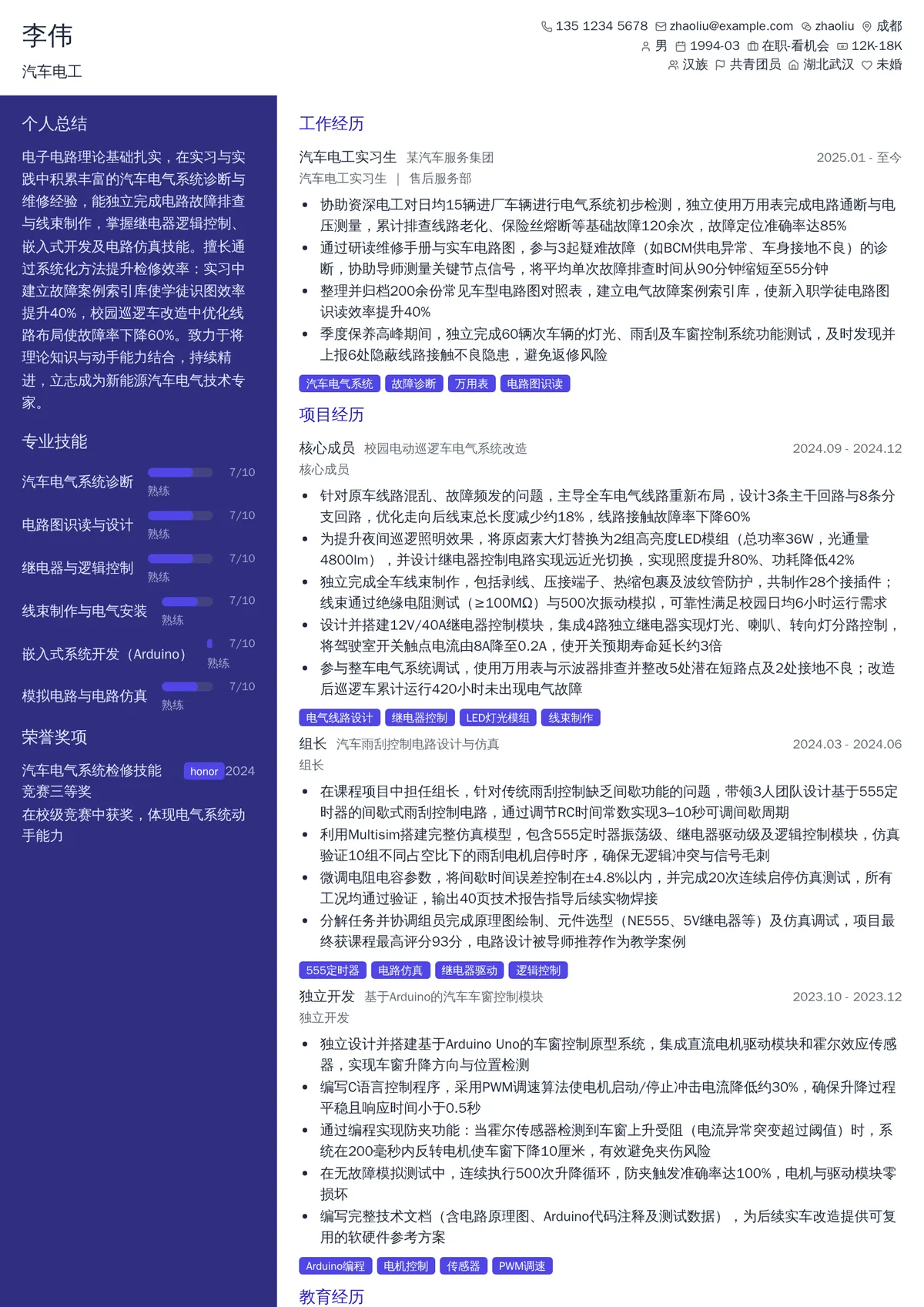 2026年最新汽车电工简历模板
