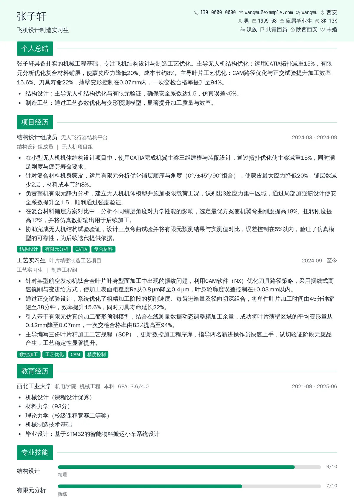 2026年最新飞机设计制造实习生简历模板