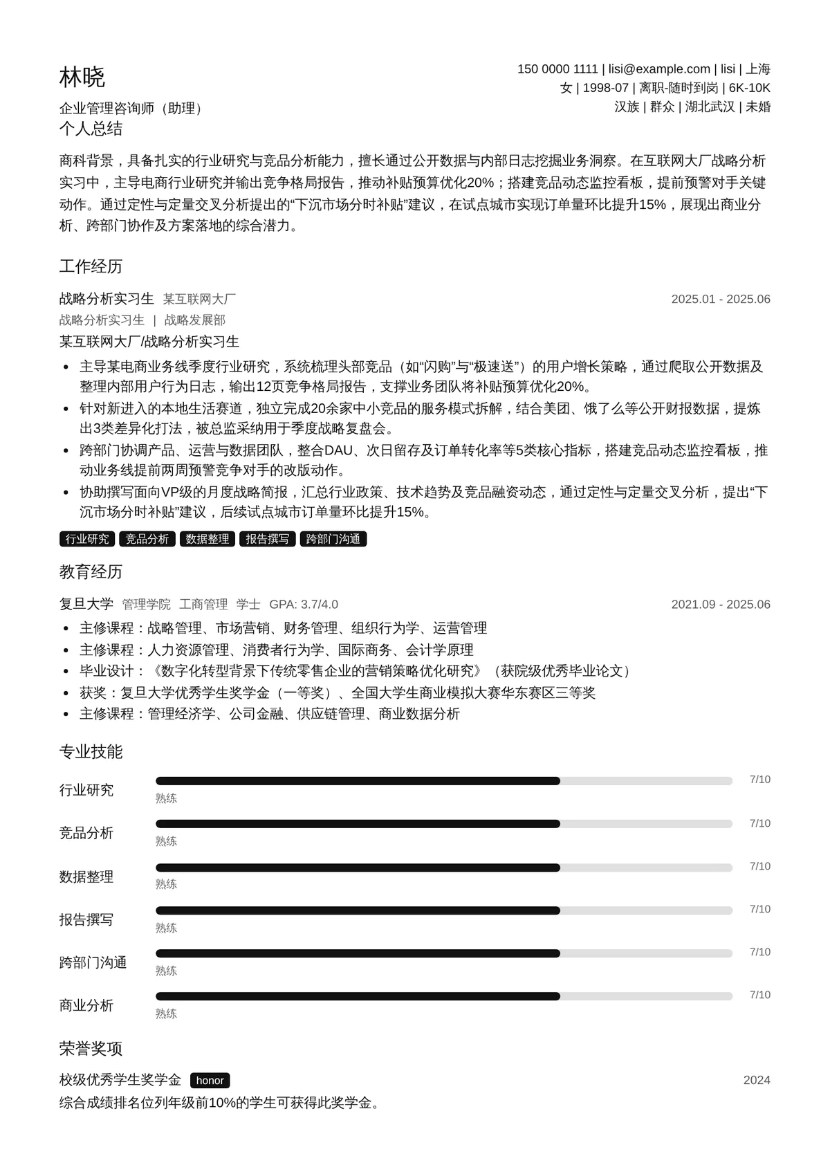 2026年最新企业管理咨询师（助理）简历模板