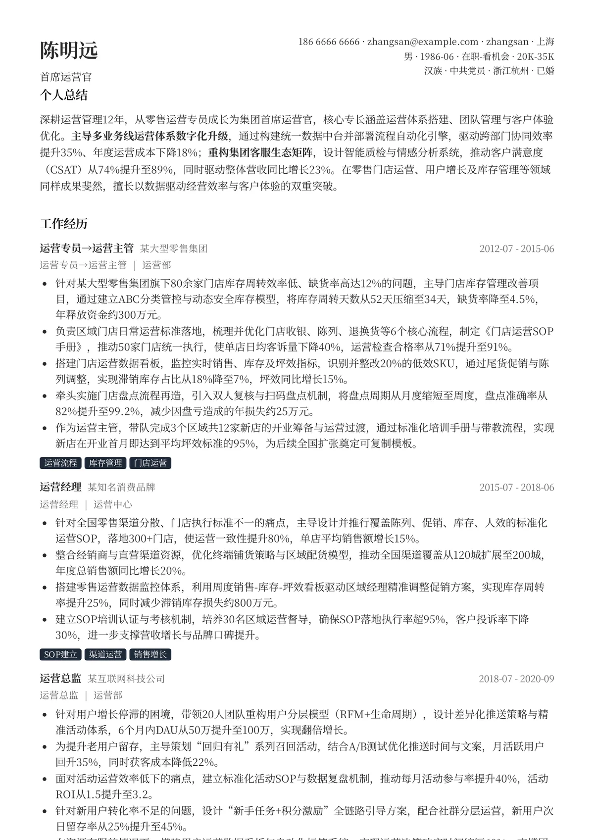 2026年最新首席运营官简历模板