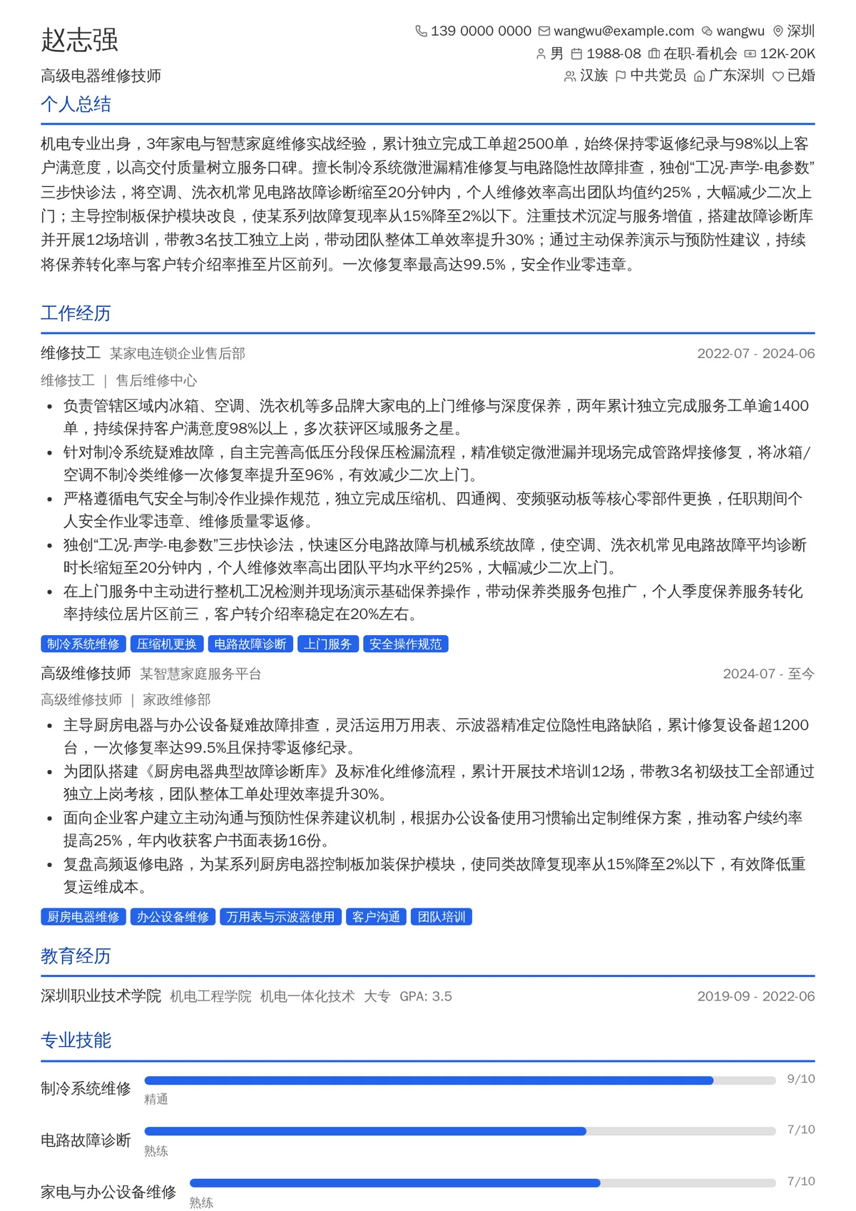 2026年最新高级电器维修技师简历模板
