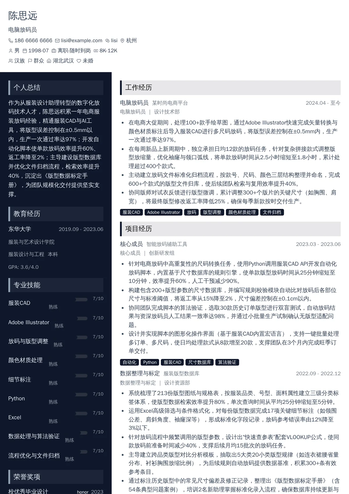 2026年最新初级电脑放码员简历模板
