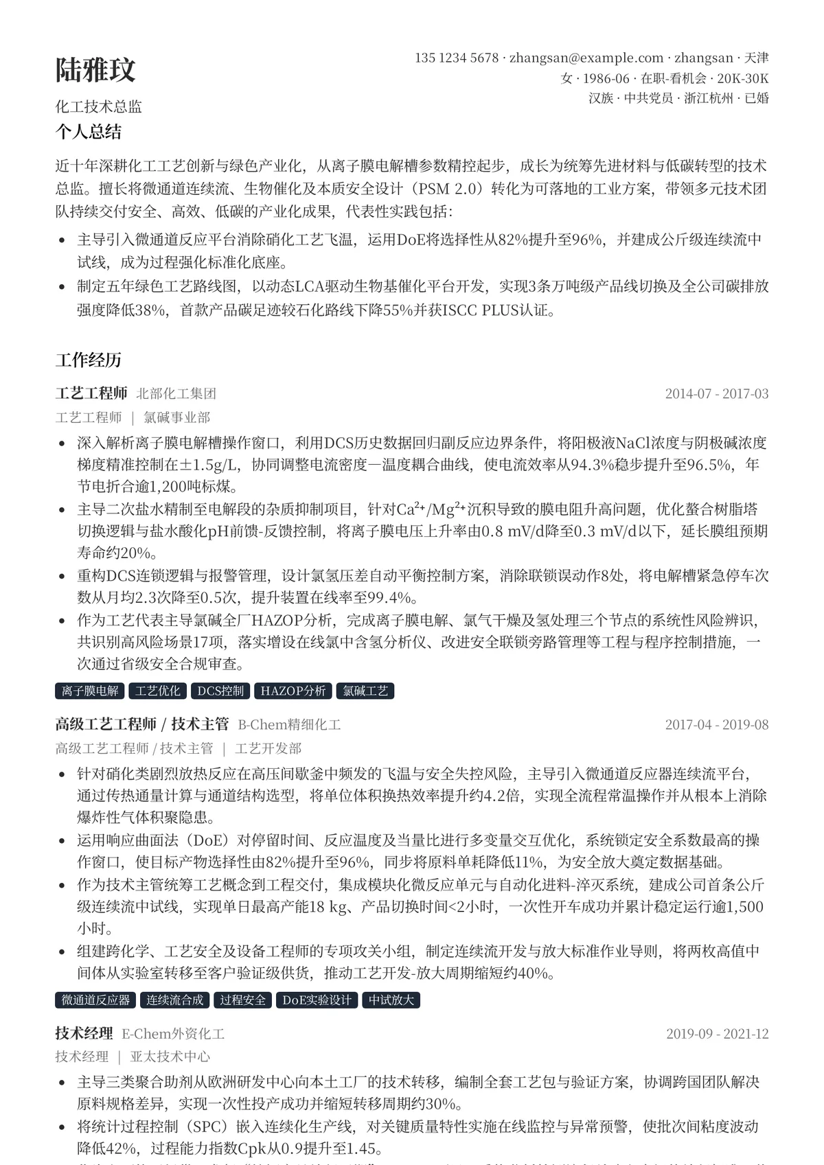 2026年最新化工技术总监简历模板