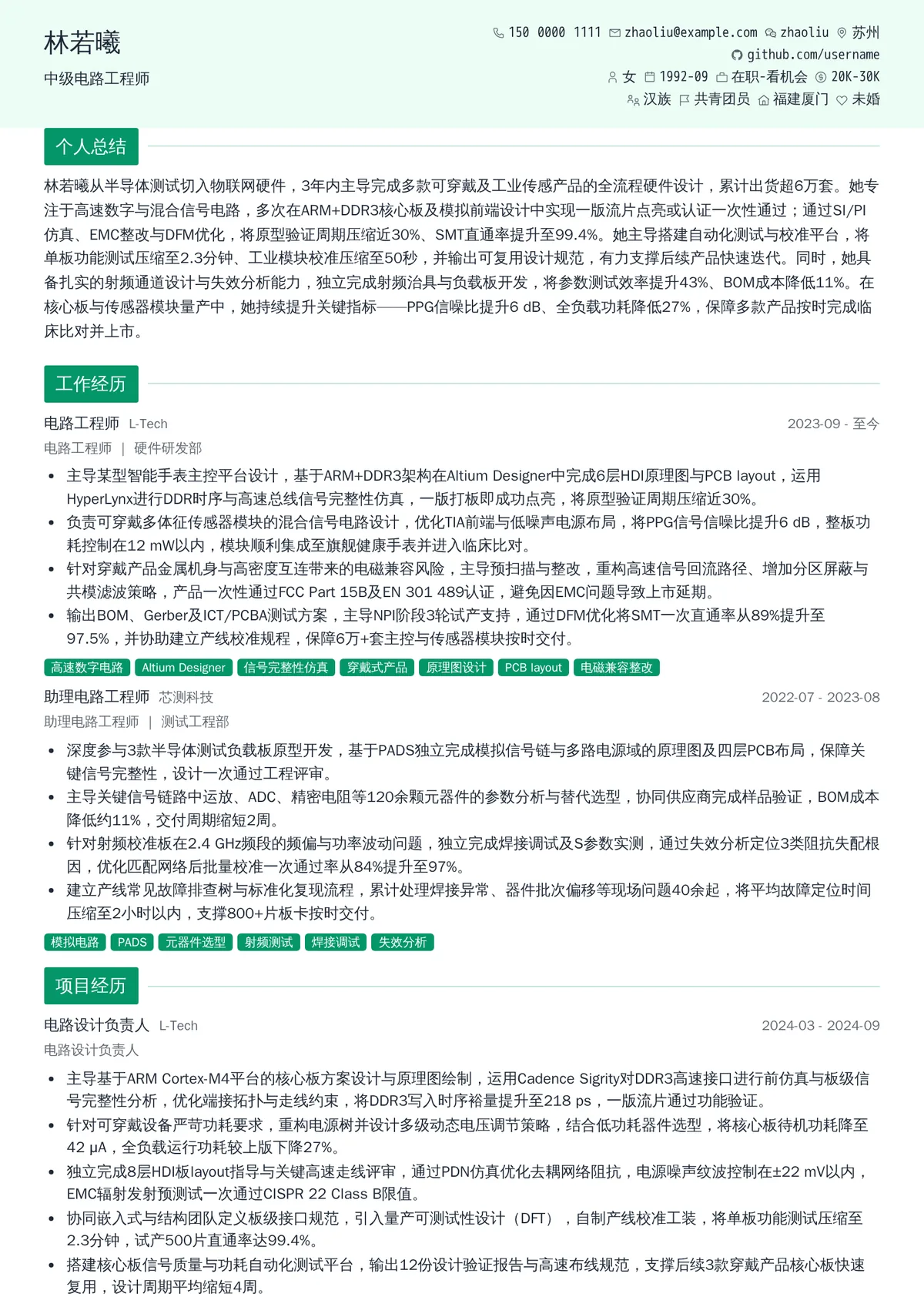 2026年最新中级电路工程师简历模板