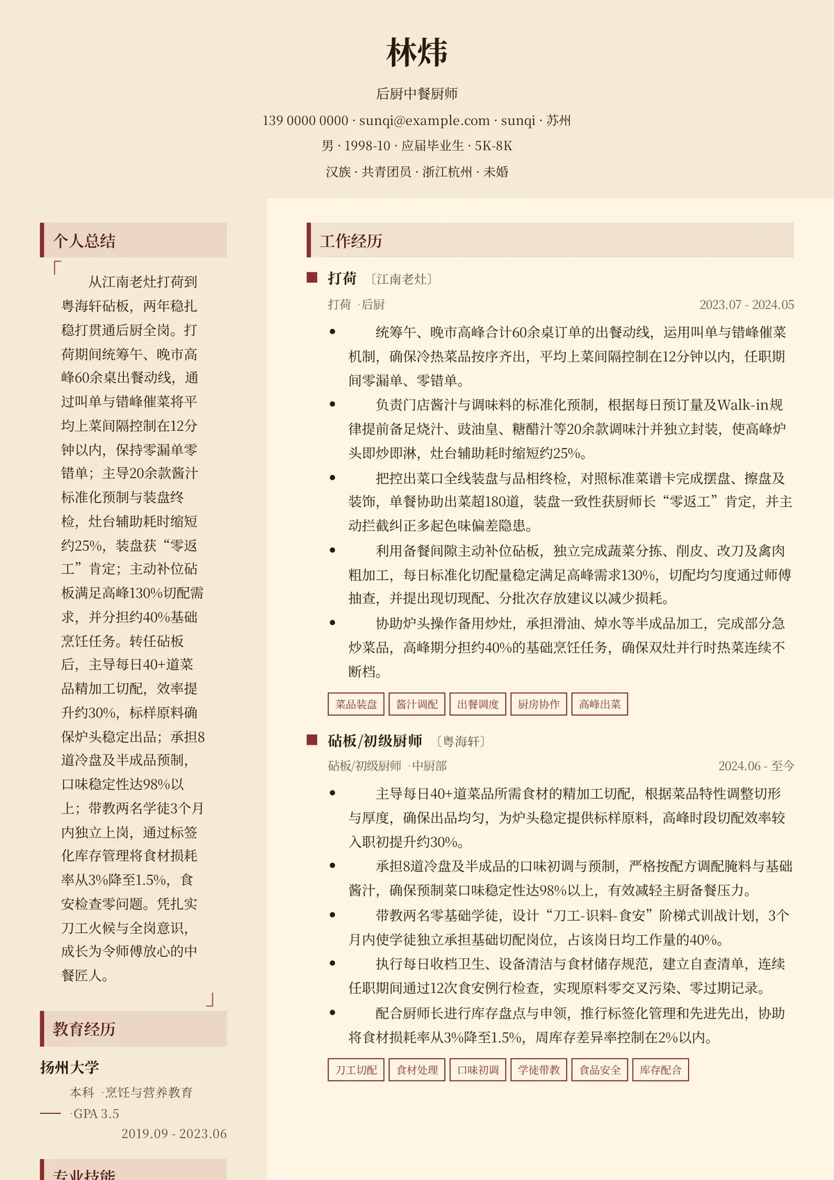 2026年最新初级后厨中餐厨师简历模板