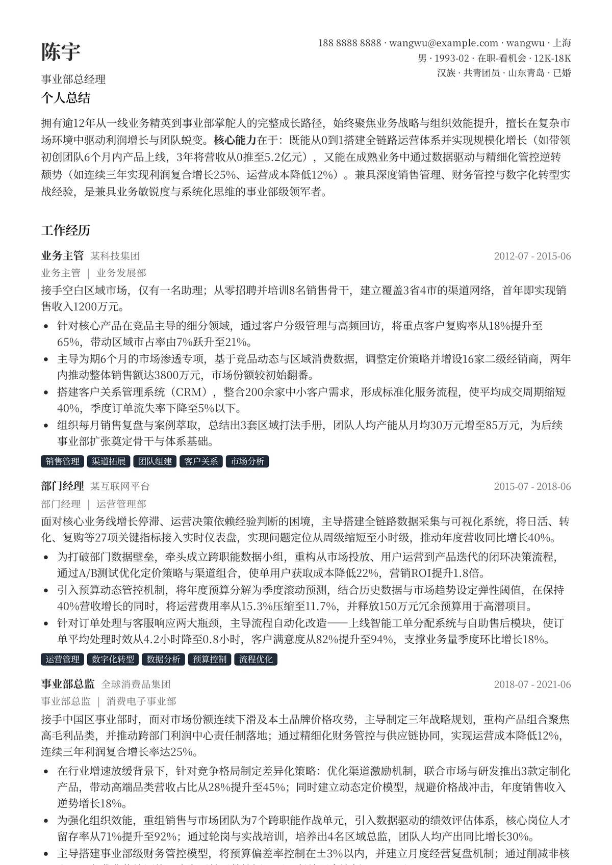2026年最新事业部总经理简历模板