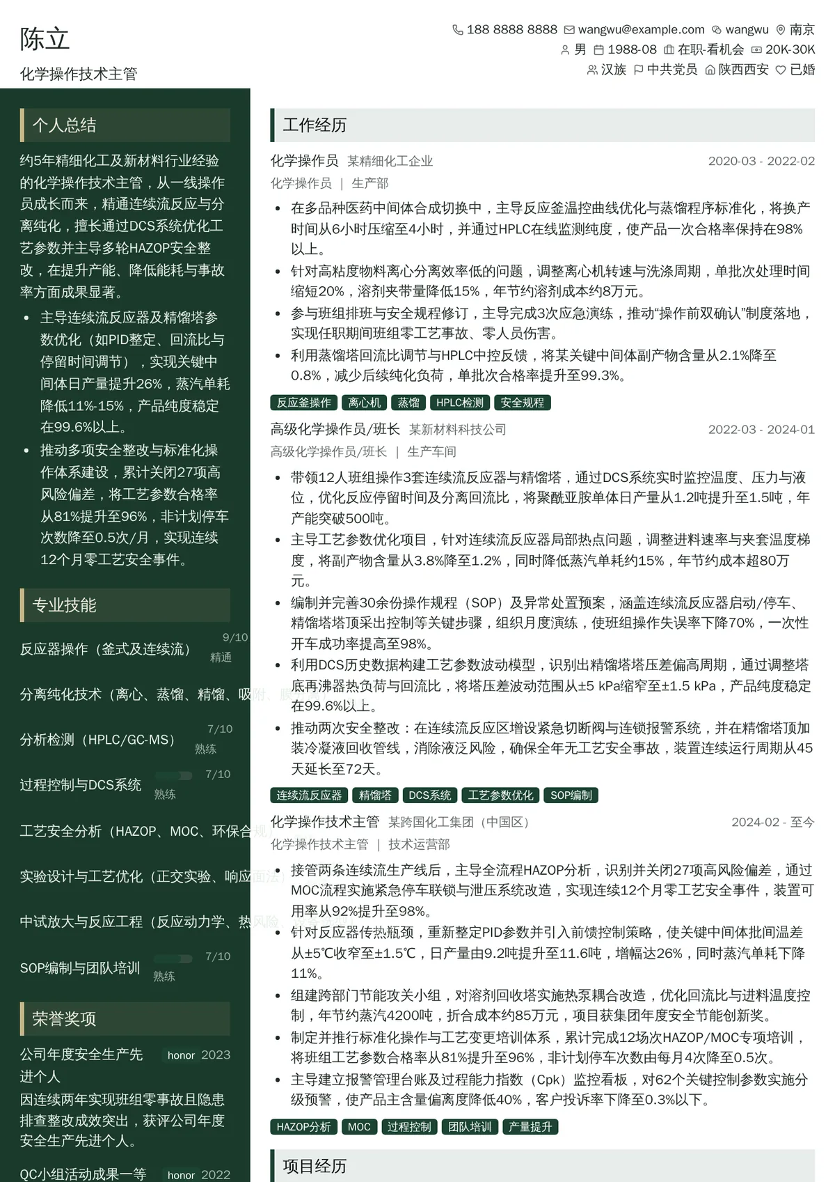 2026年最新高级化学操作技术主管简历模板