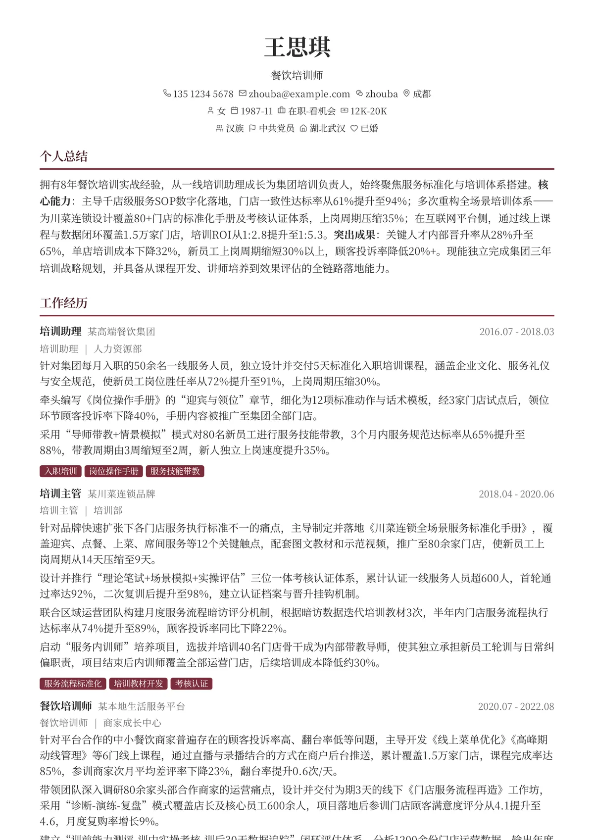 2026年最新资深餐饮培训师简历模板