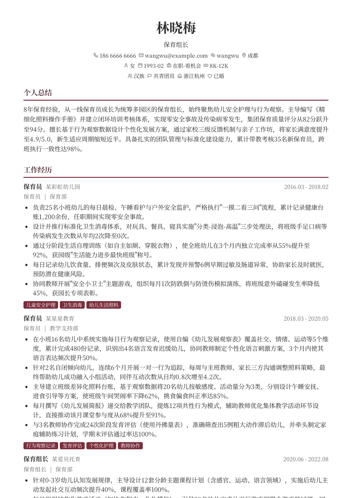 2026年最新保育组长简历模板