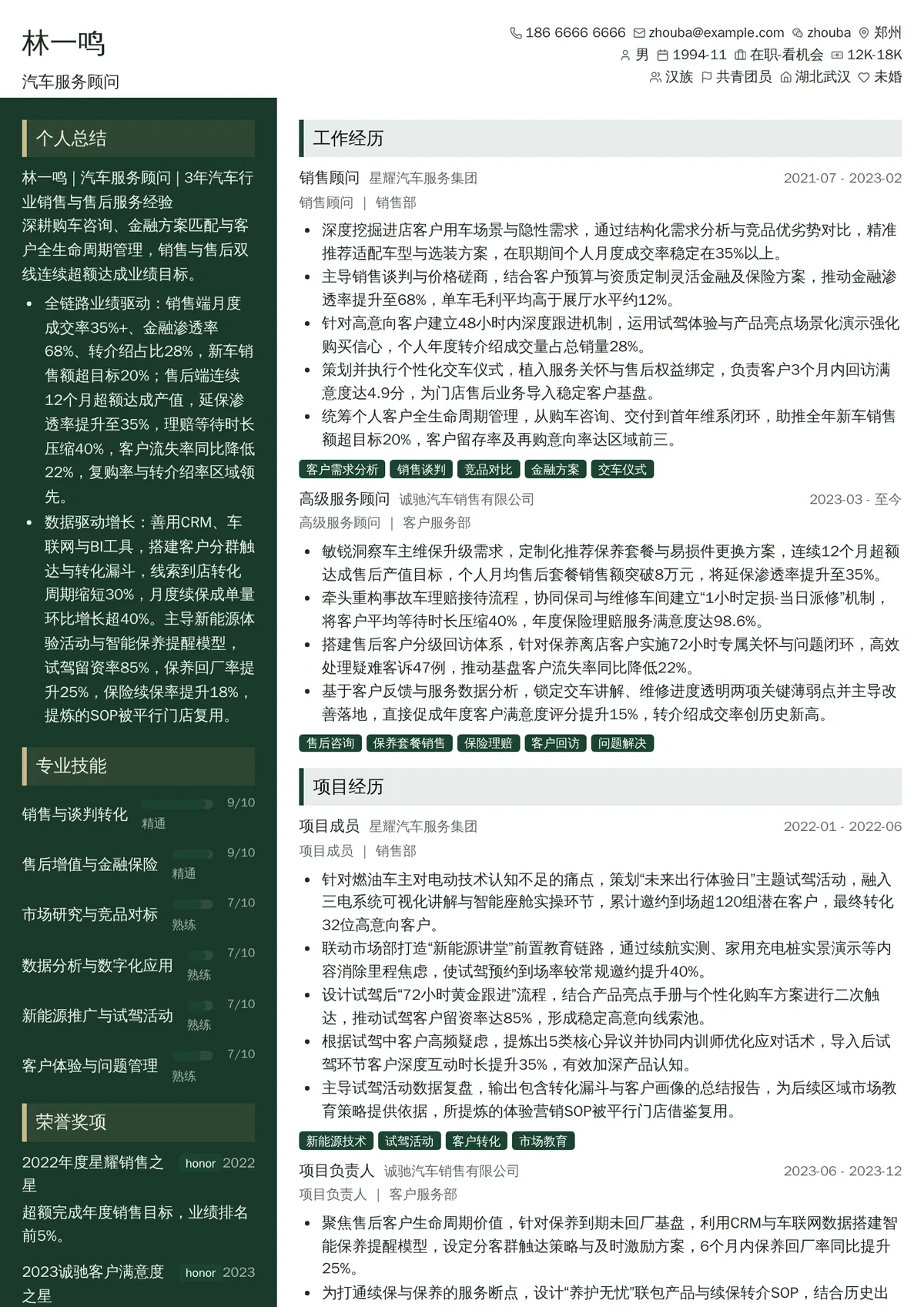 2026年最新汽车服务顾问简历模板