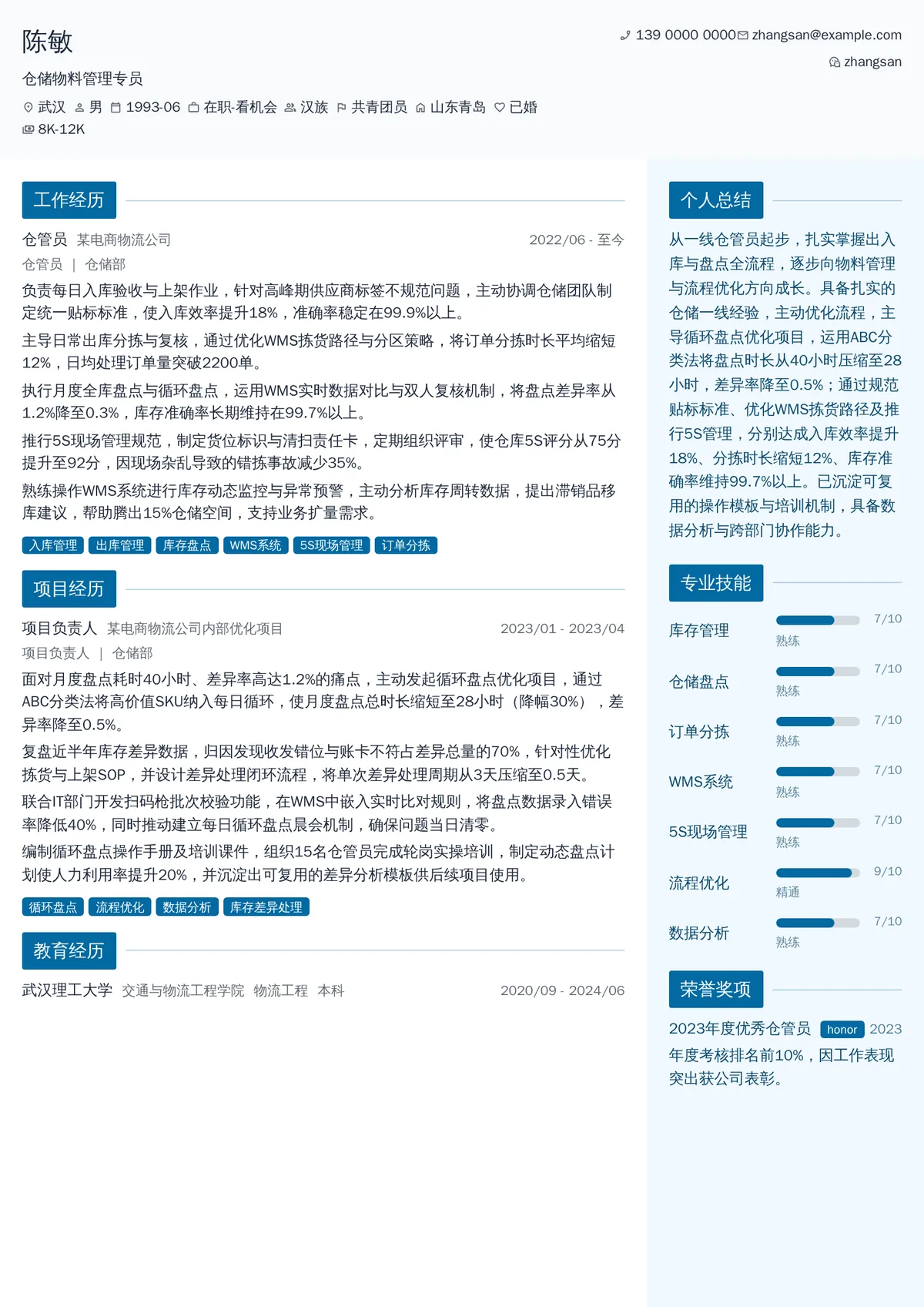 2026年最新仓储物料管理专员简历模板
