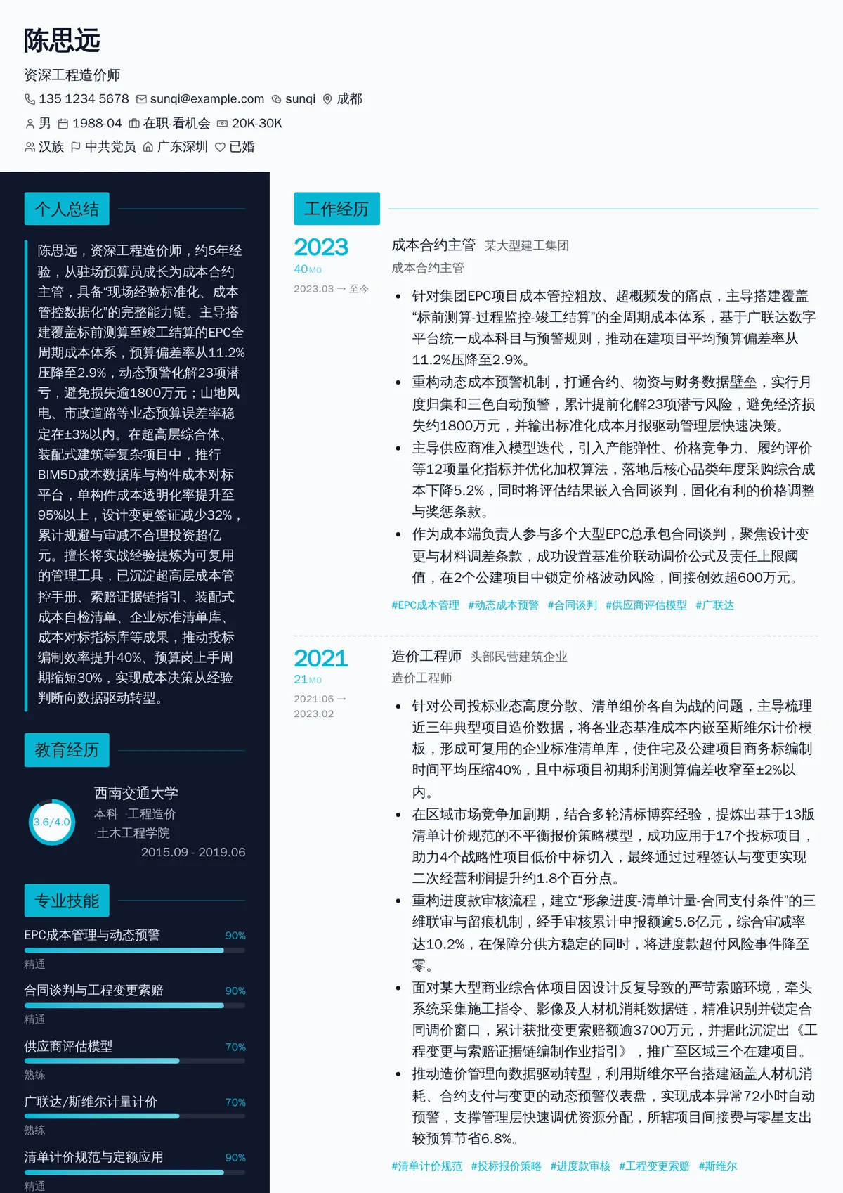 2026年最新资深工程造价师简历模板