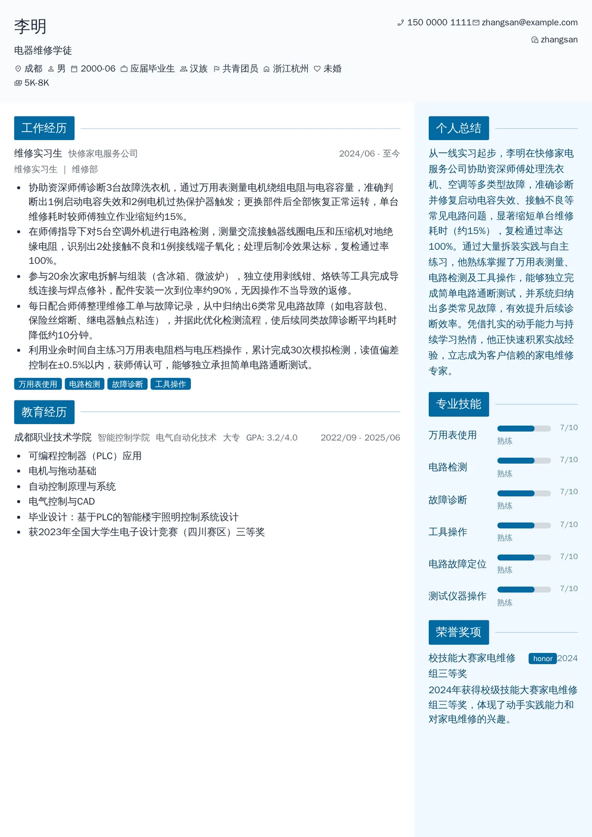 2026年最新电器维修学徒简历模板