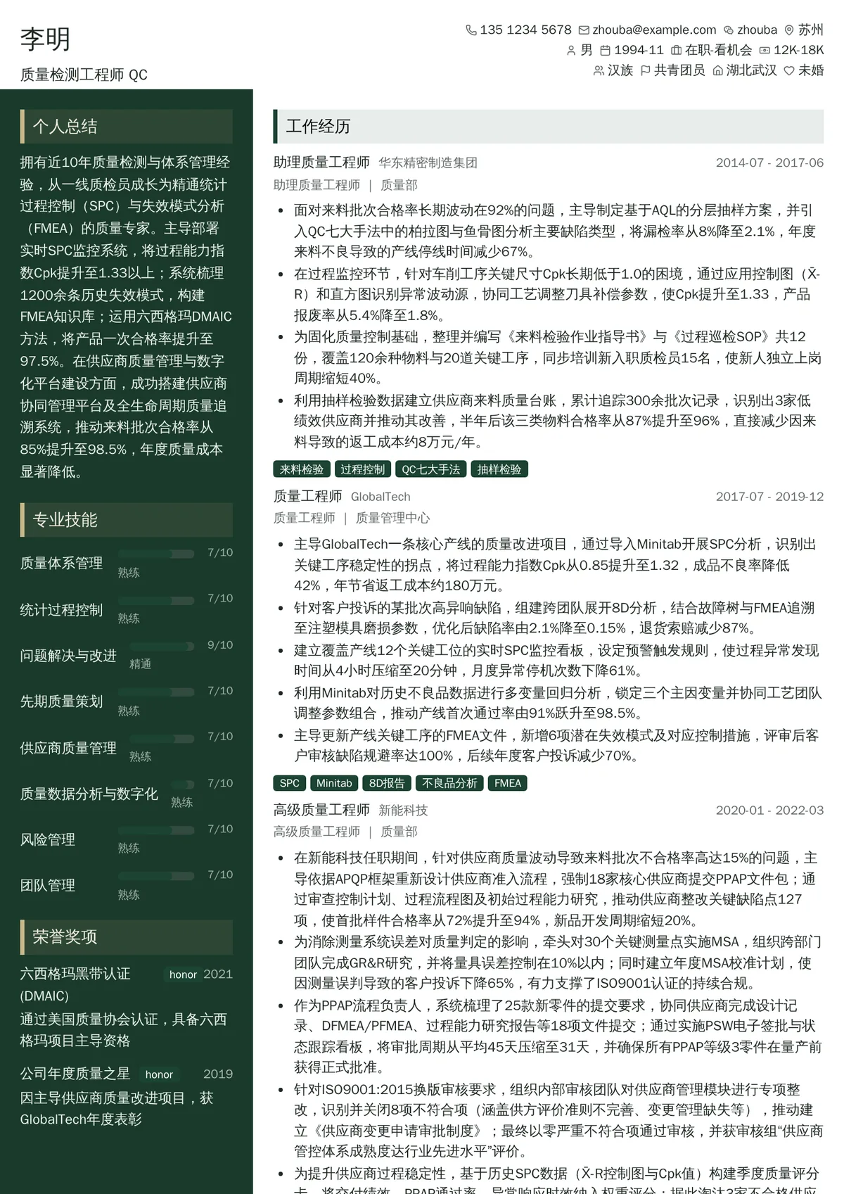 2026年最新质量检测工程师QC简历模板