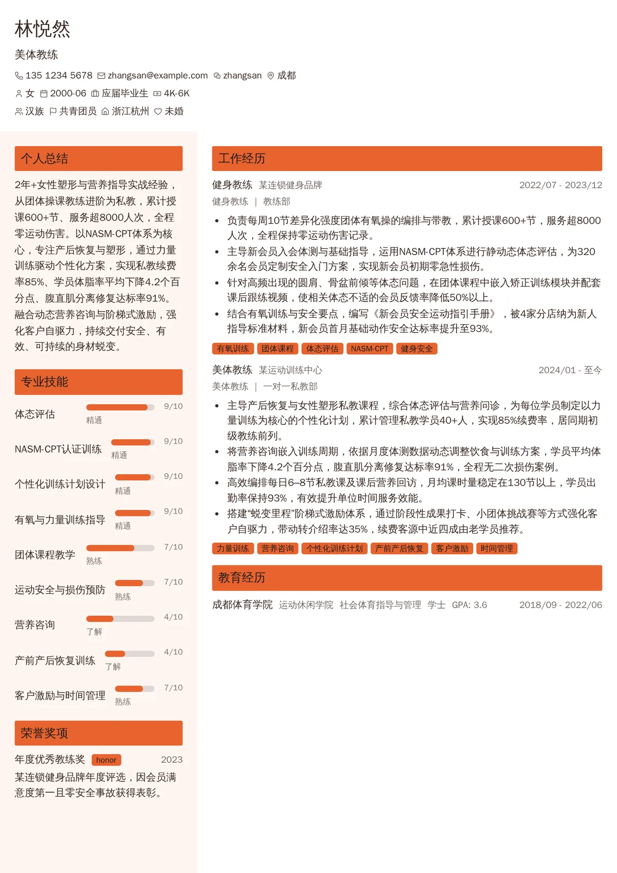 2026年最新初级美体教练简历模板