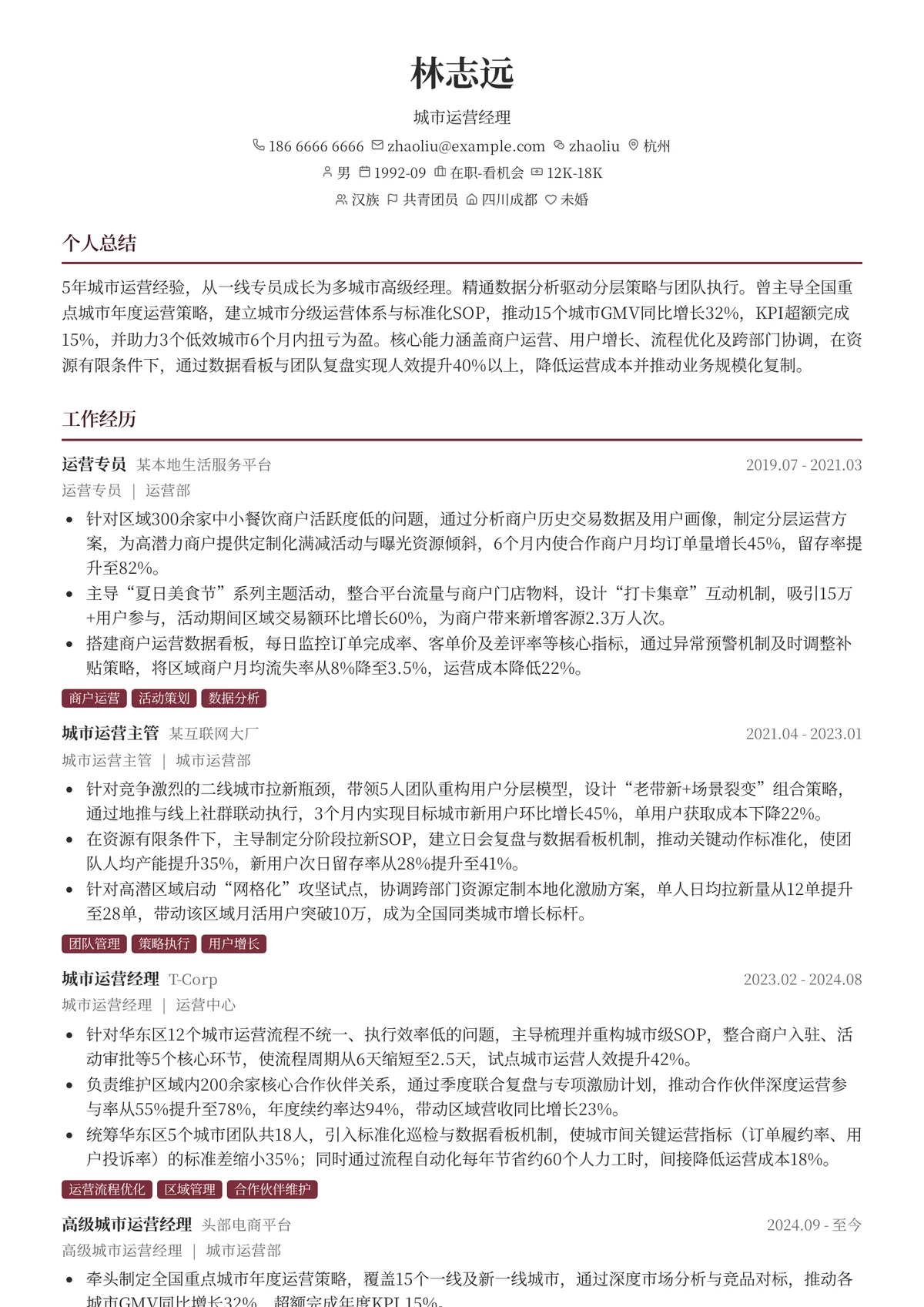 2026年最新城市运营经理简历模板