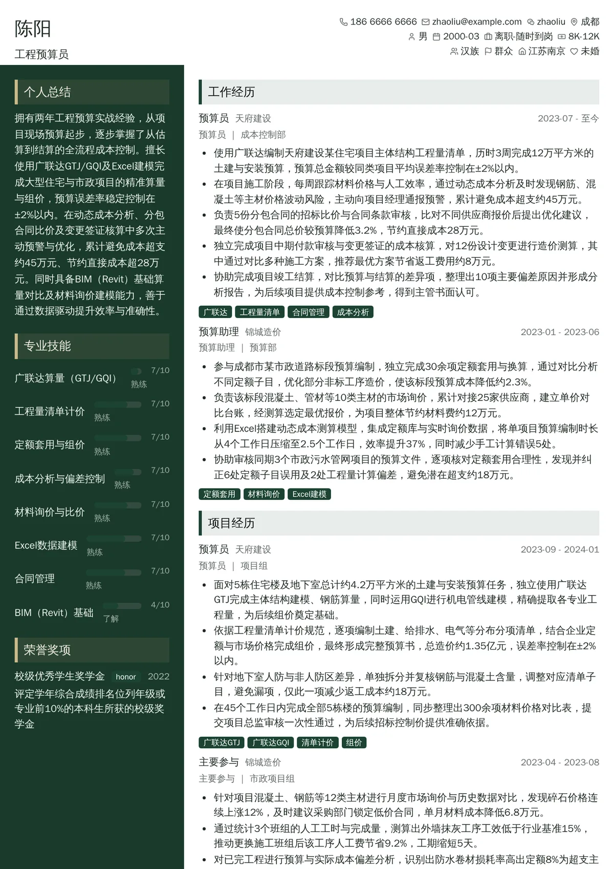 2026年最新初级工程预算员简历模板