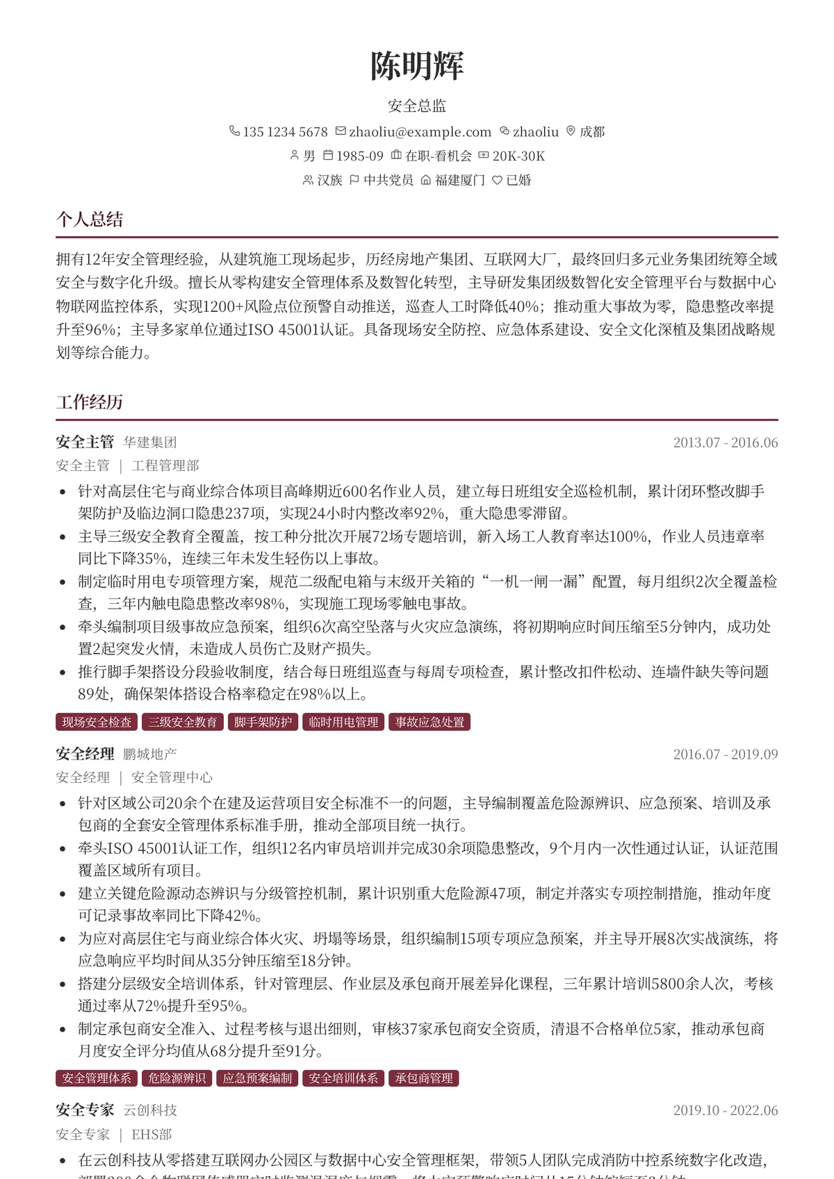 2026年最新安全总监简历模板