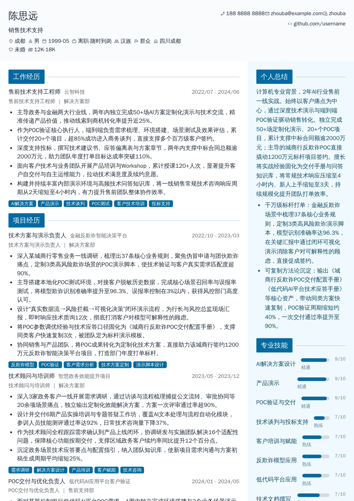 2026年最新初级销售技术支持简历模板