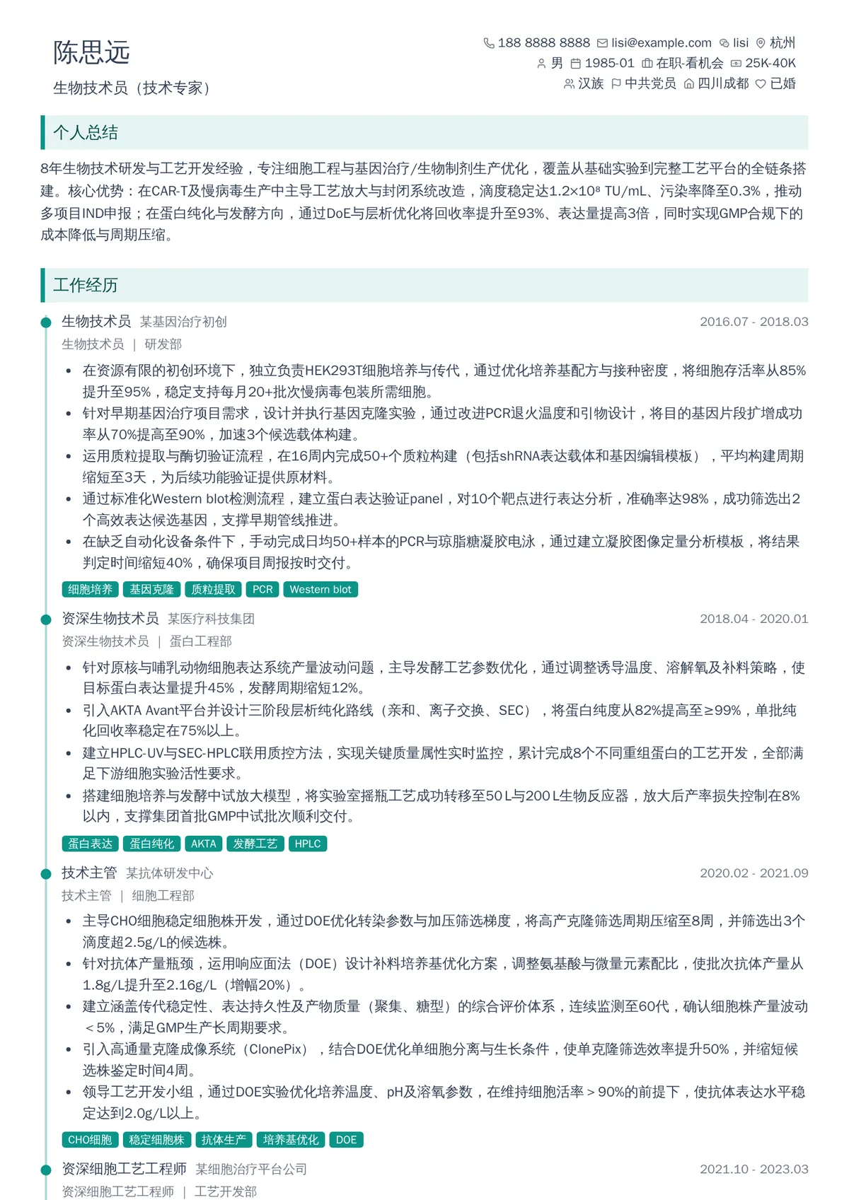 2026年最新生物技术员（技术专家）简历模板