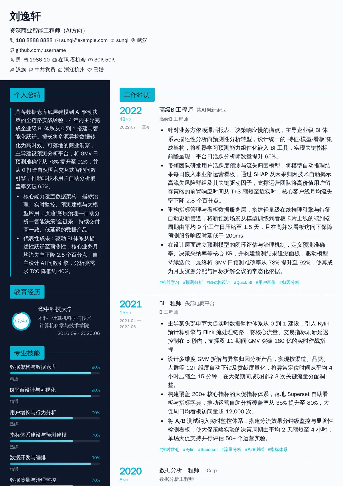 2026年最新资深商业智能工程师（AI方向）简历模板
