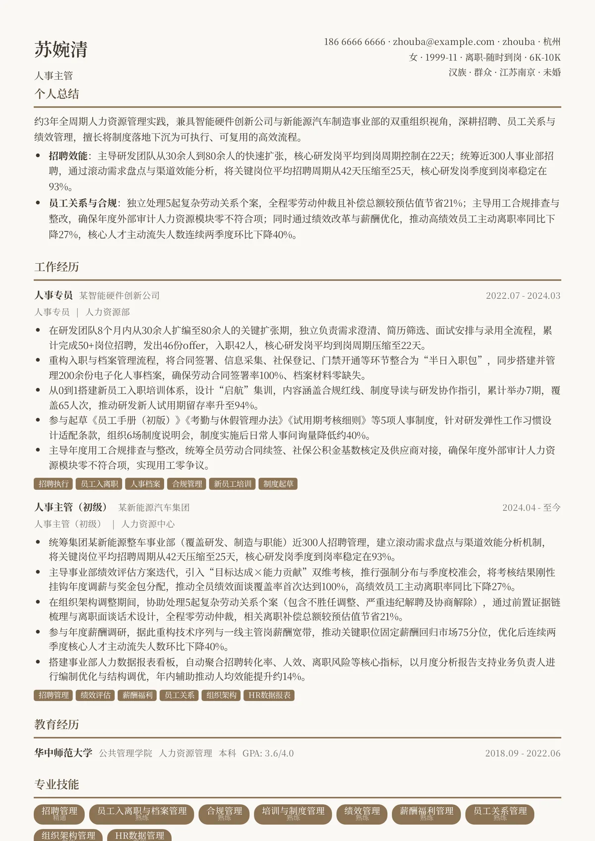 2026年最新初级人事主管简历模板