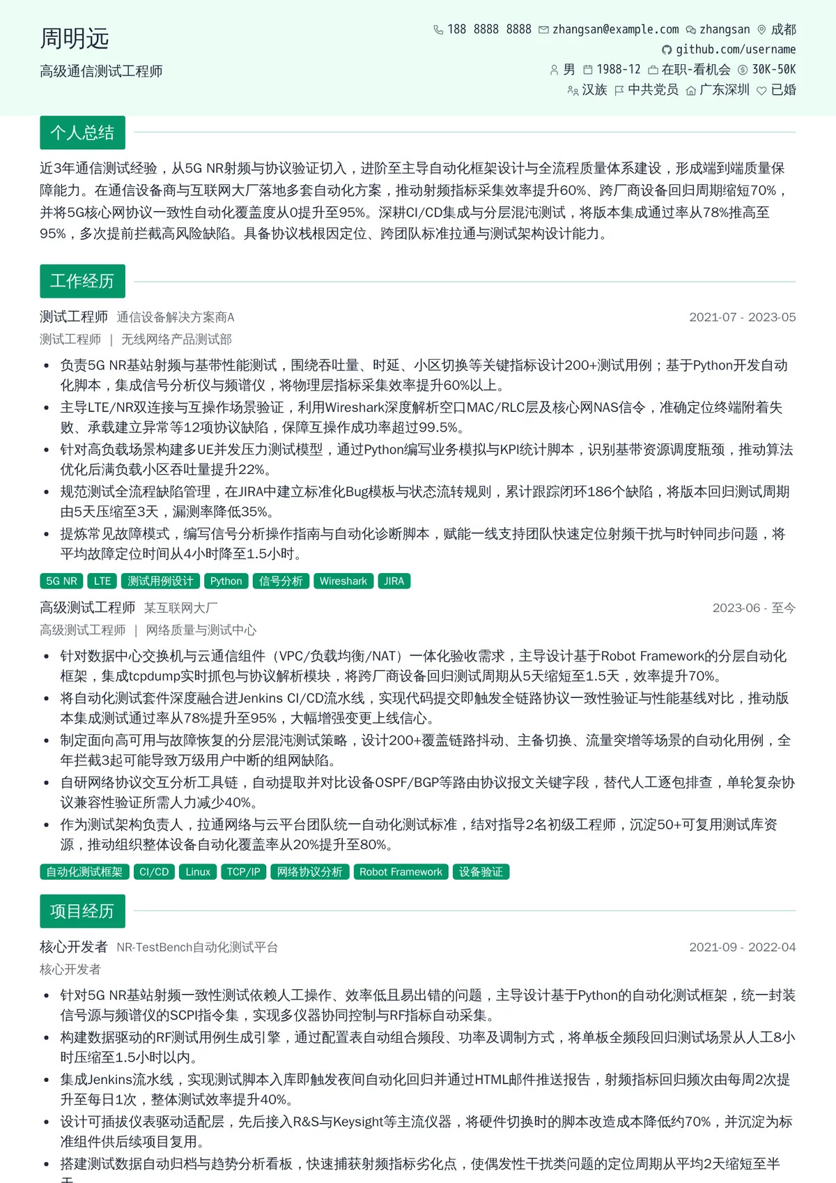 2026年最新高级通信测试工程师简历模板