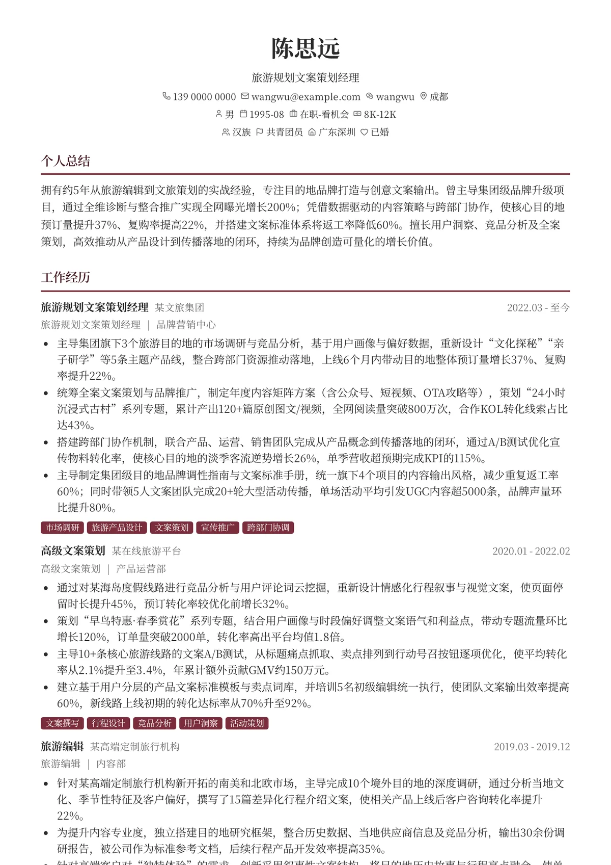 2026年最新旅游规划文案策划经理简历模板