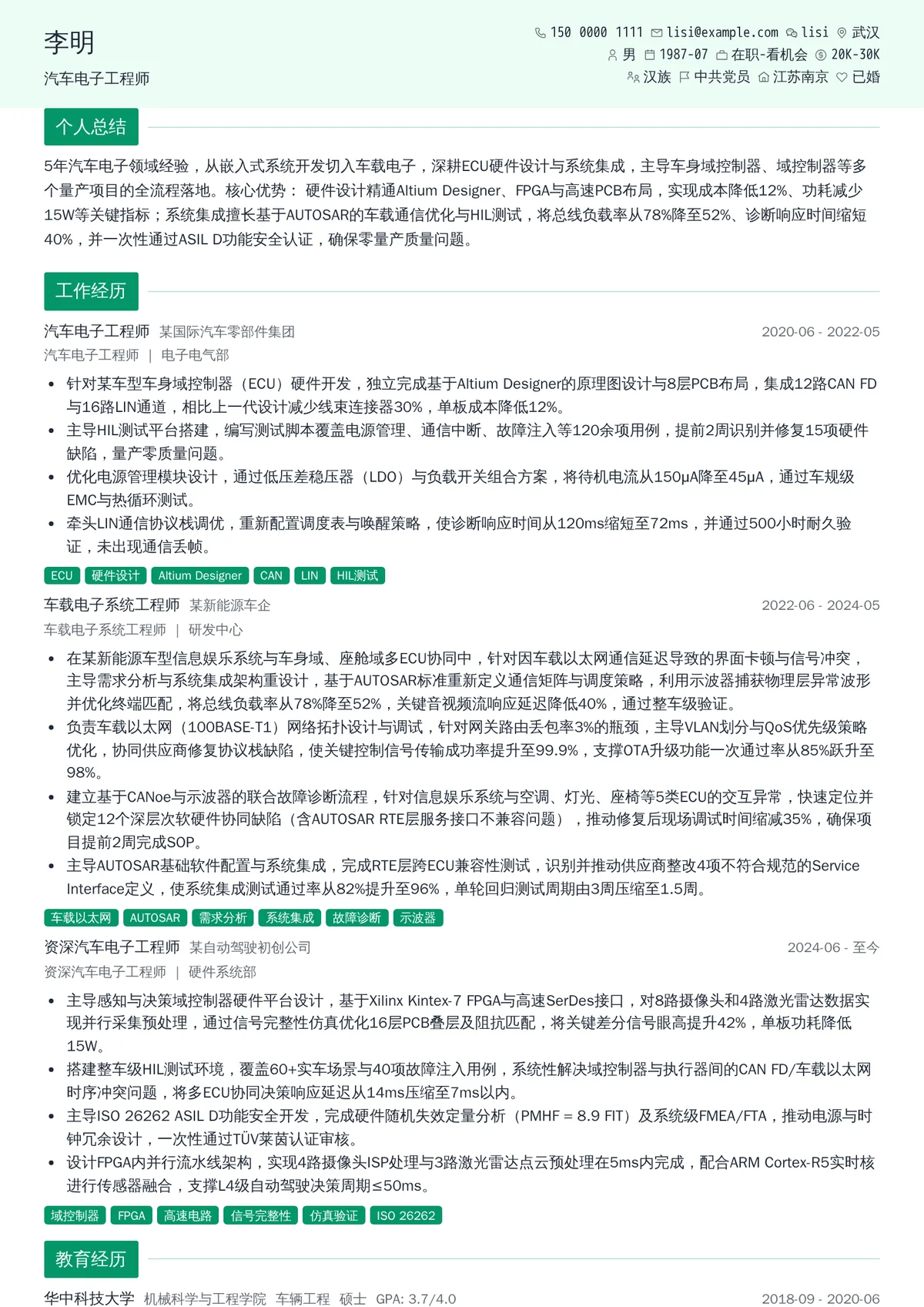 2026年最新资深汽车电子工程师简历模板
