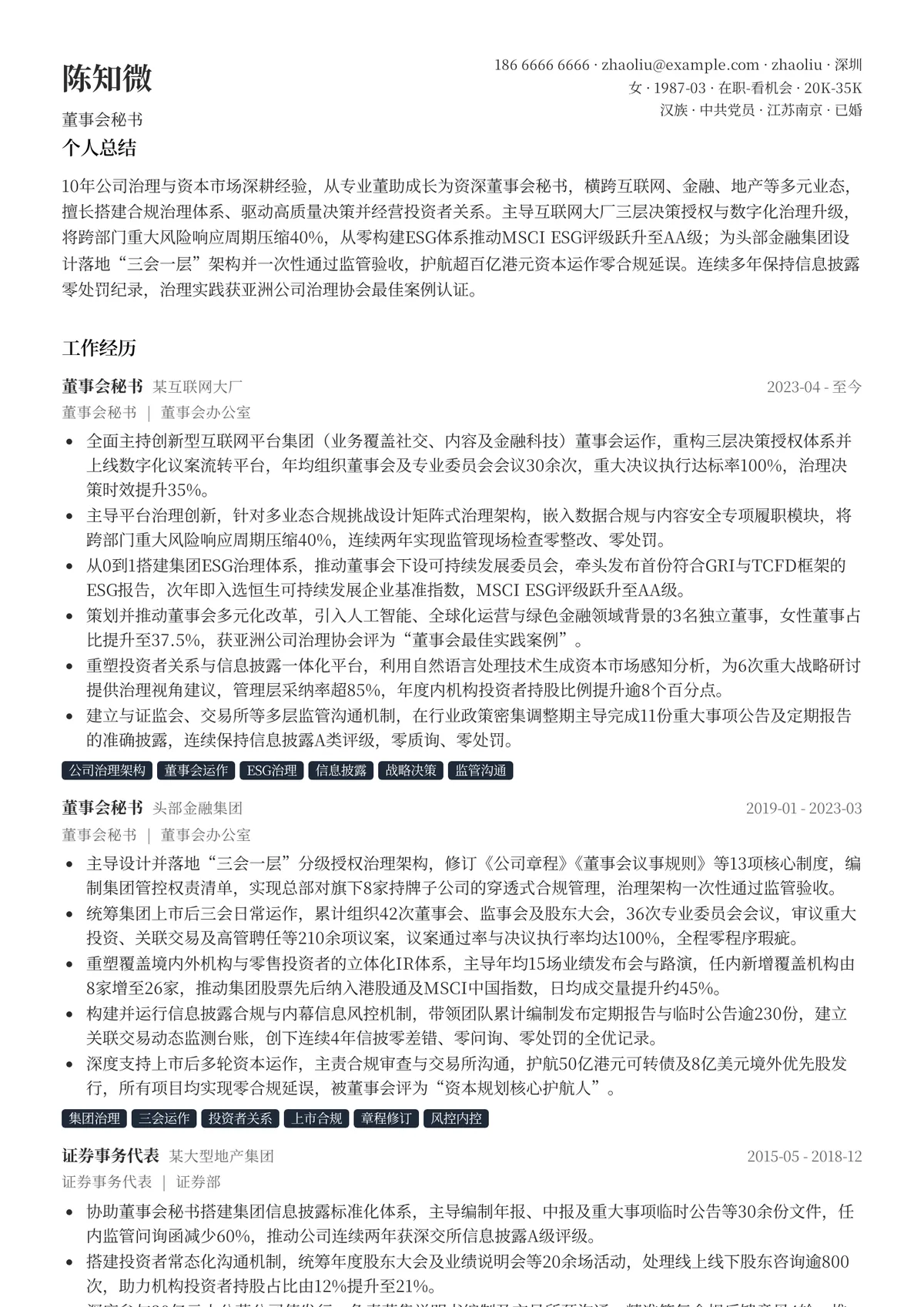 2026年最新资深董事会秘书简历模板