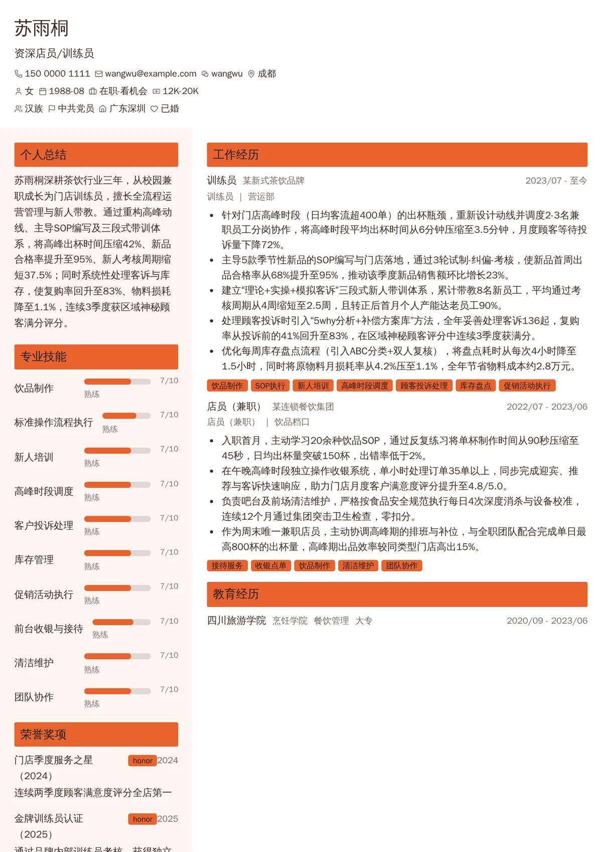 2026年最新资深店员/训练员简历模板