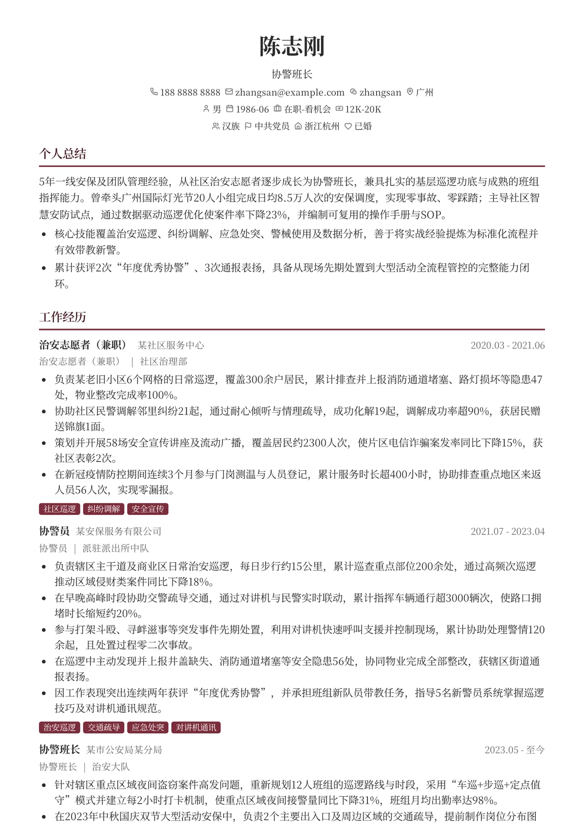 2026年最新资深协警班长简历模板