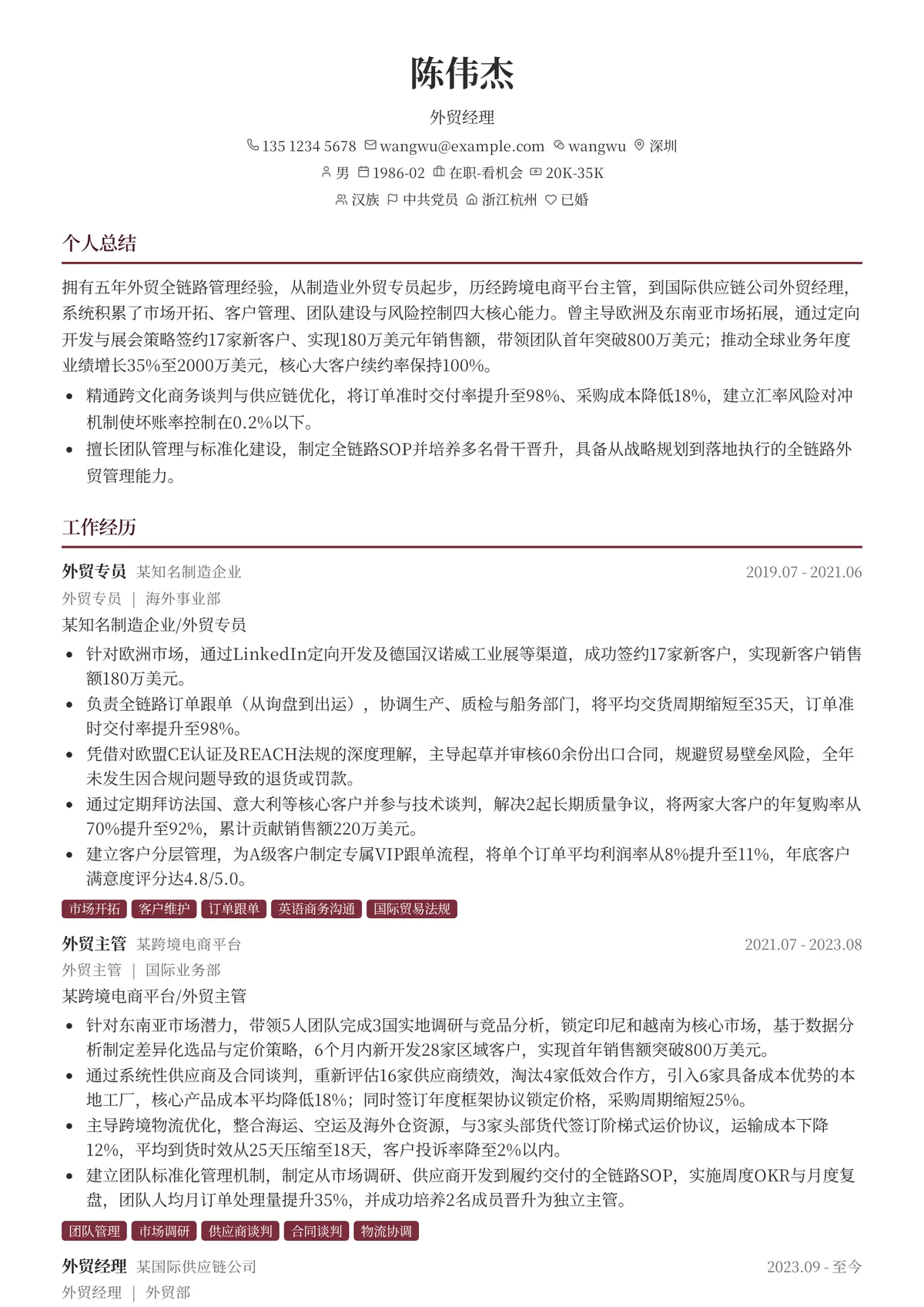 2026年最新资深外贸经理简历模板