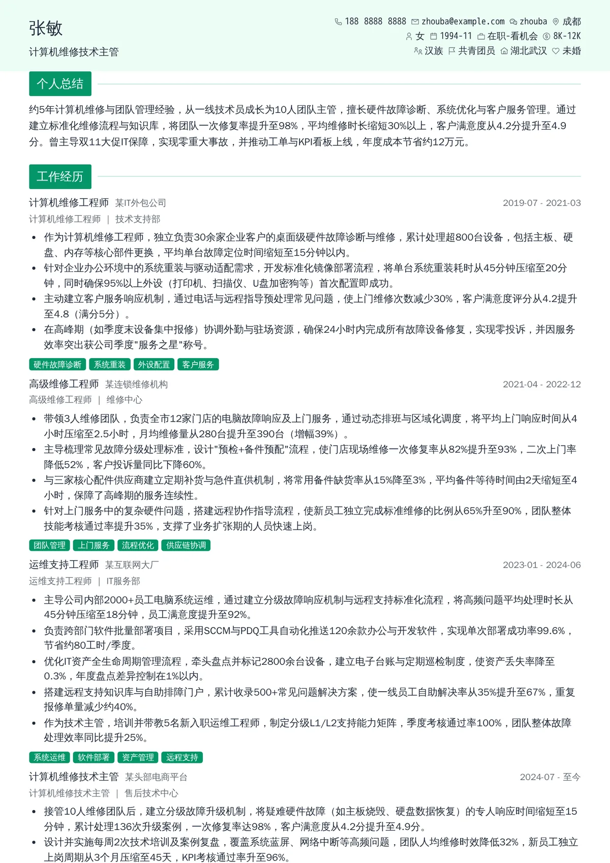 2026年最新计算机维修技术主管简历模板