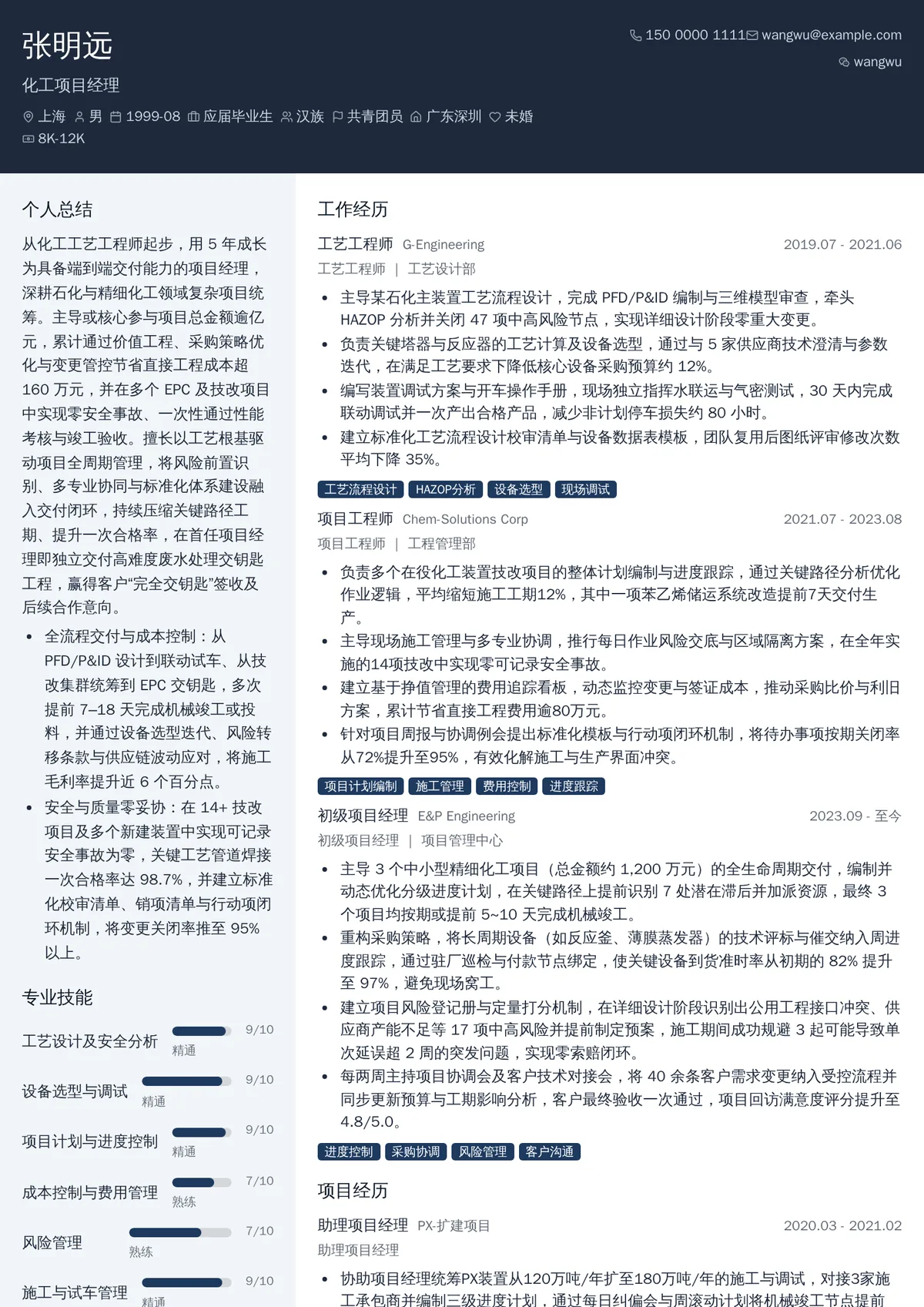 2026年最新初级化工项目经理简历模板