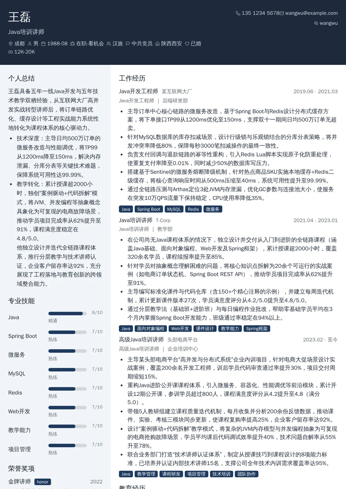 2026年最新高级Java培训讲师简历模板