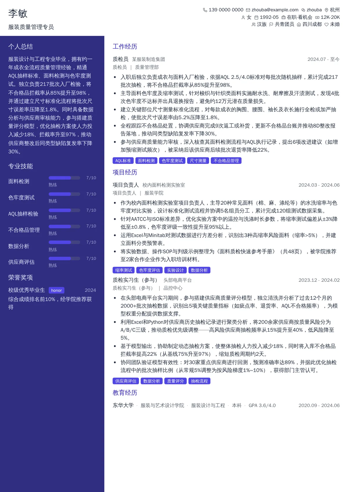 2026年最新服装质量管理专员简历模板