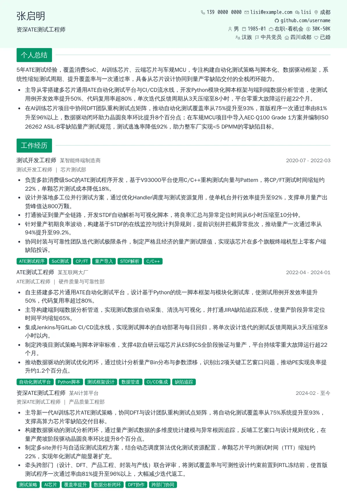 2026年最新资深ATE测试工程师简历模板