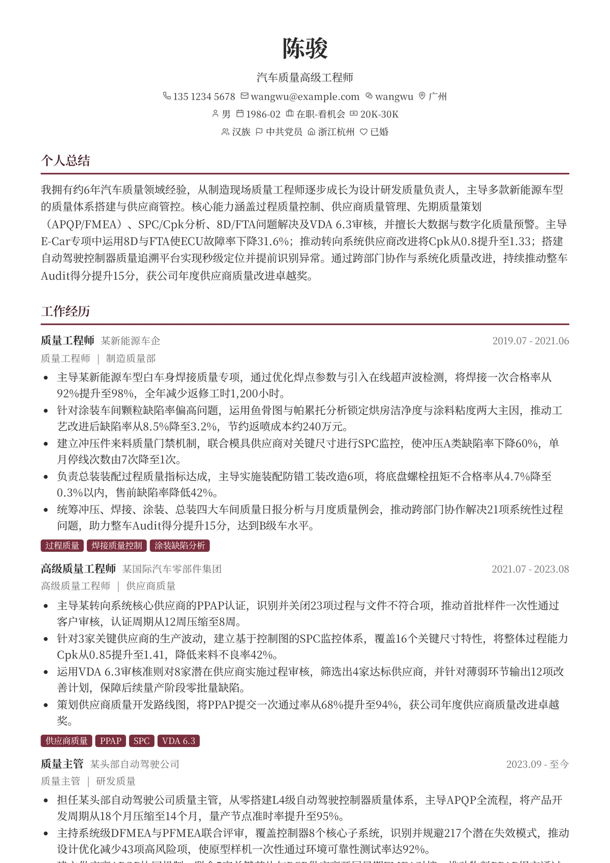 2026年最新汽车质量高级工程师简历模板