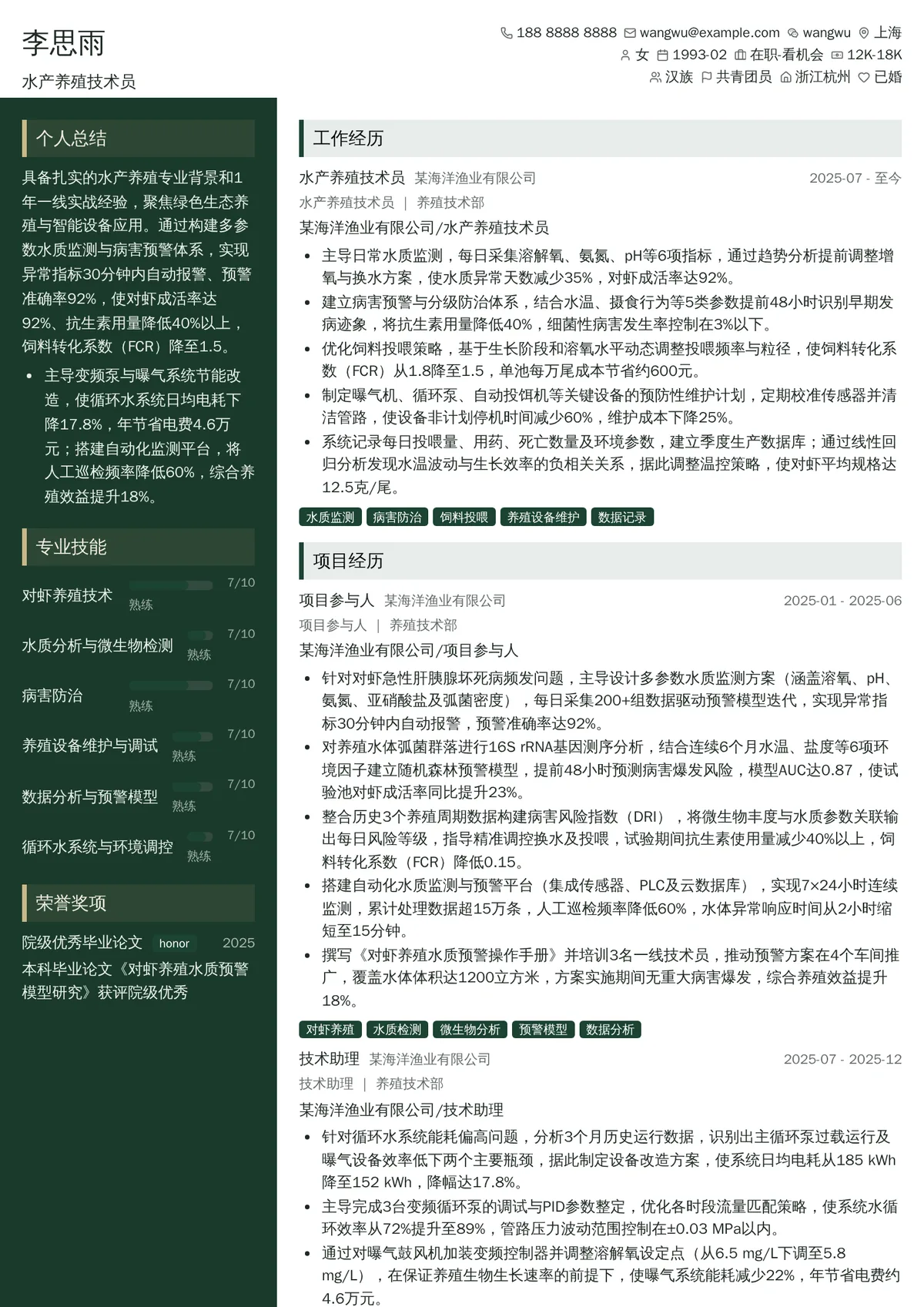 2026年最新水产养殖技术员简历模板