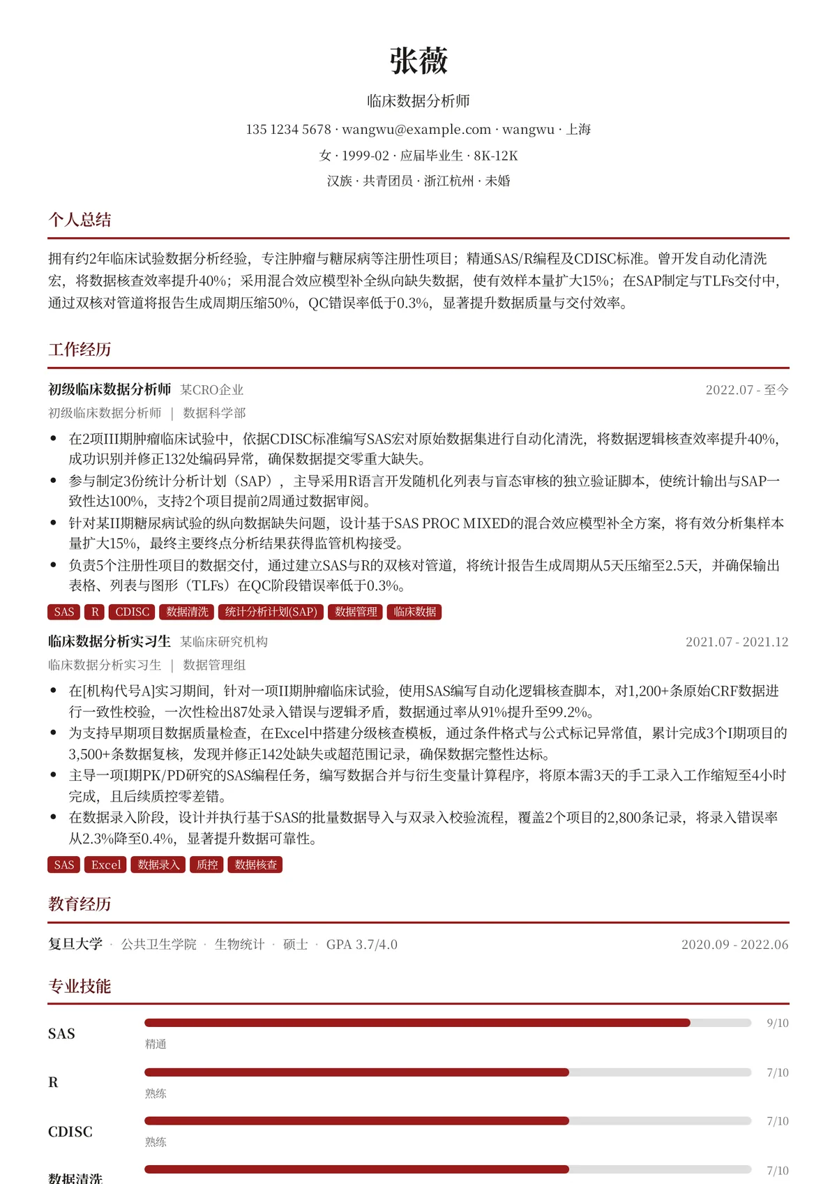 2026年最新初级临床数据分析师简历模板