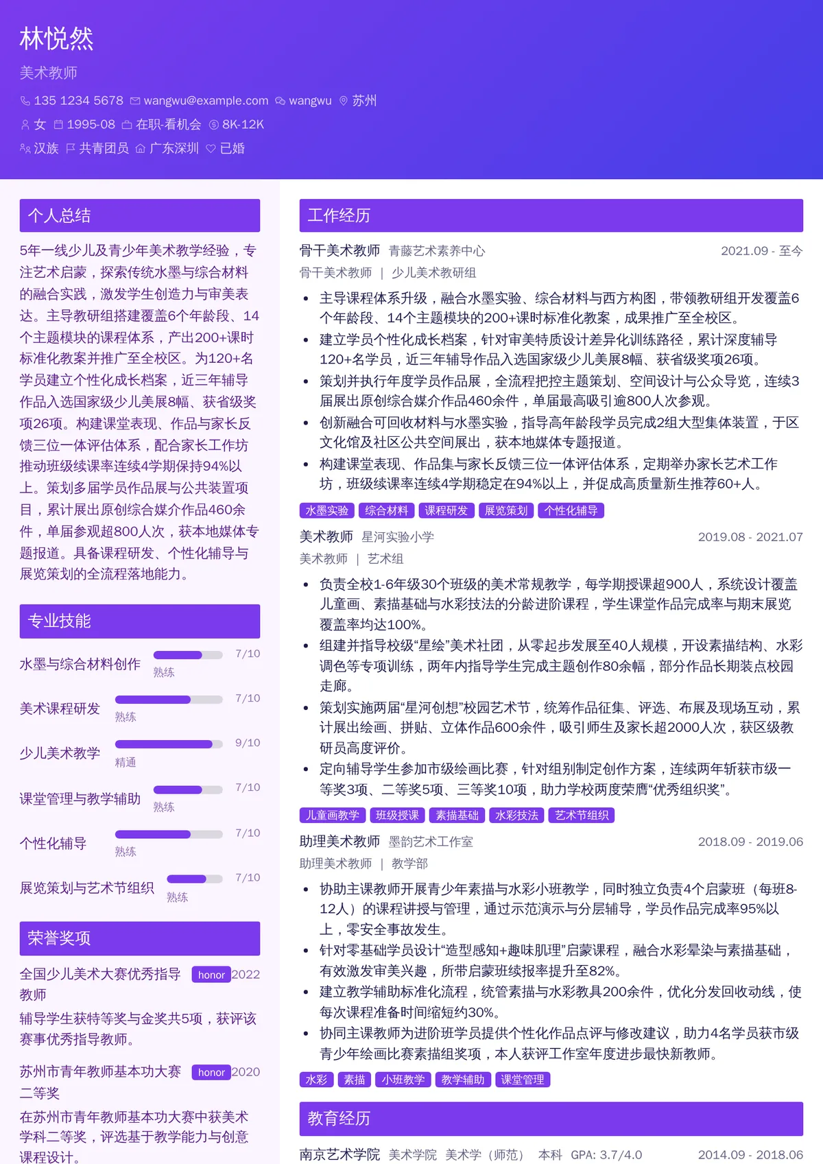 2026年最新美术教师简历模板