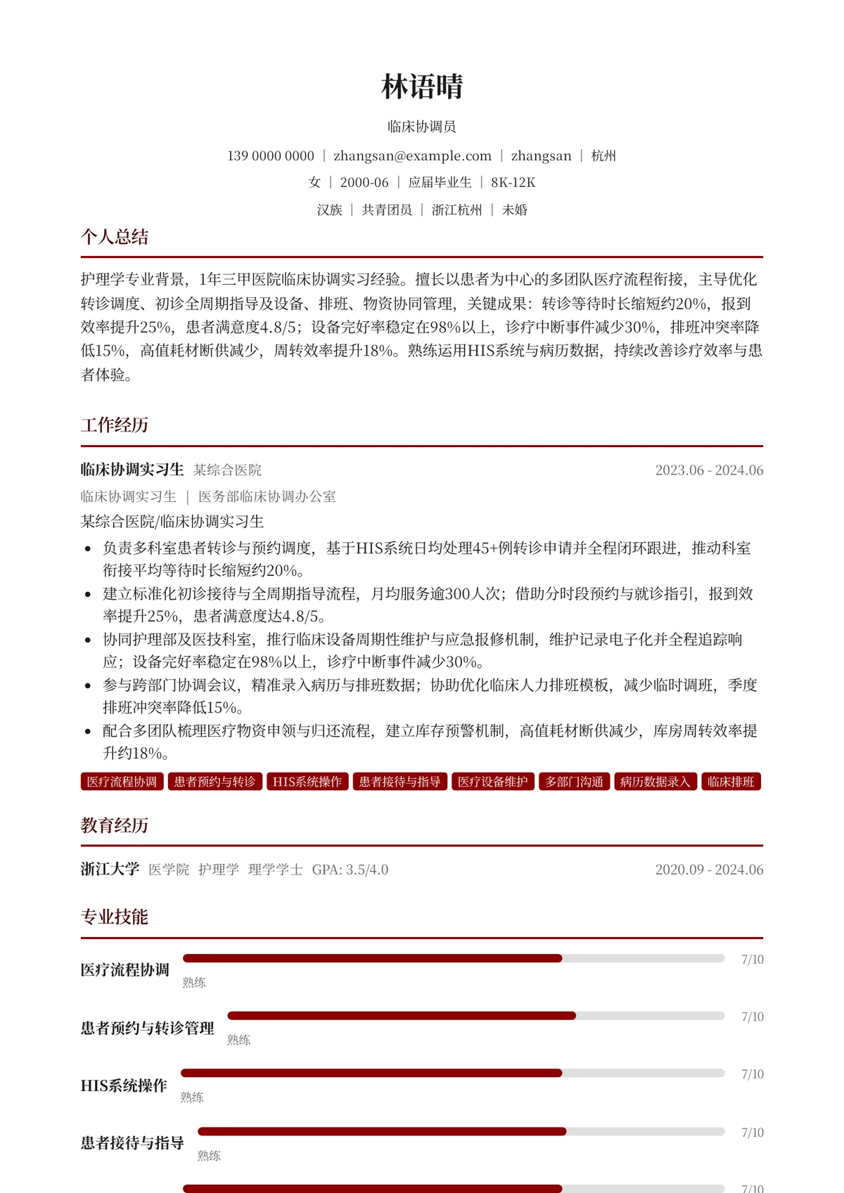 2026年最新初级临床协调员简历模板