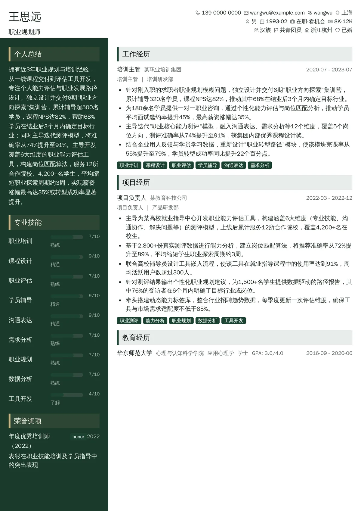 2026年最新职业规划师简历模板