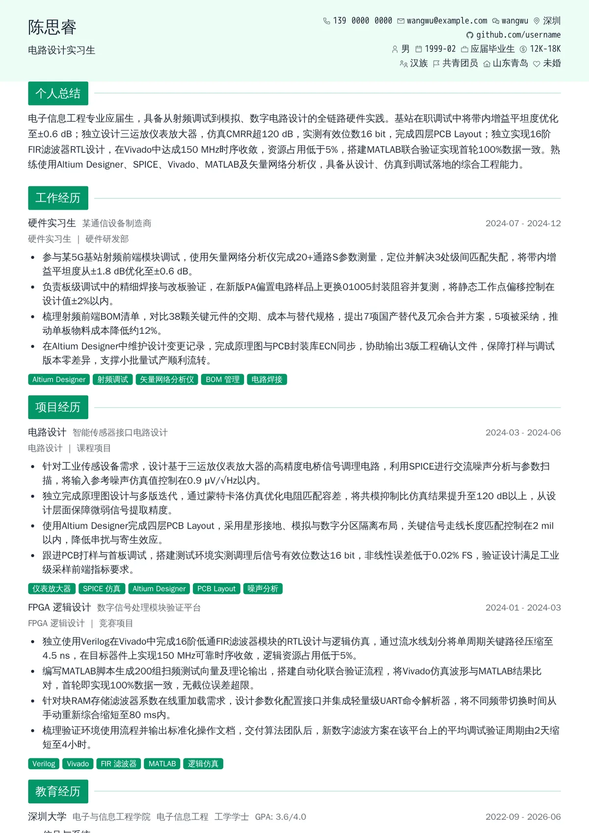 2026年最新电路设计实习生简历模板