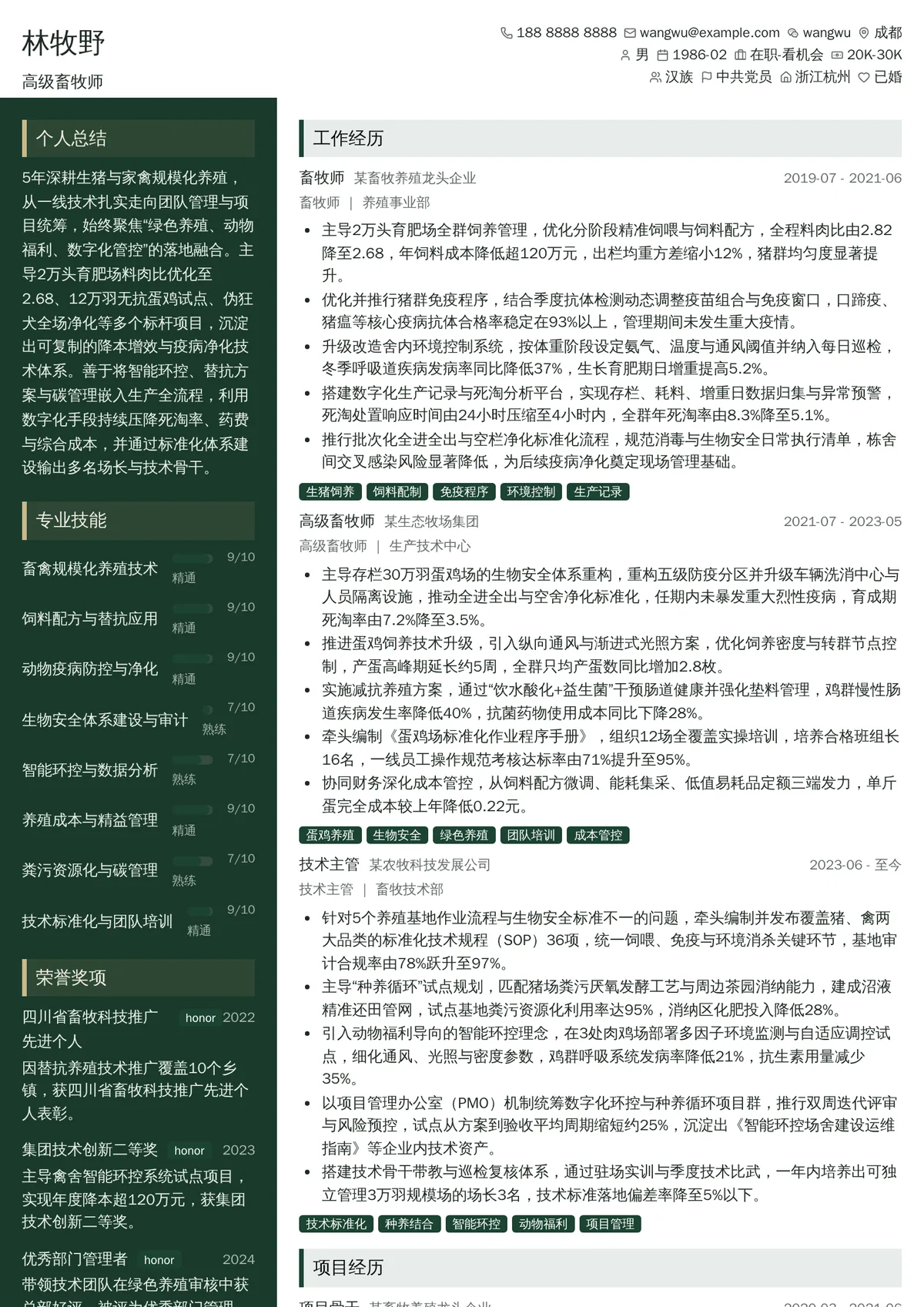 2026年最新高级畜牧师简历模板