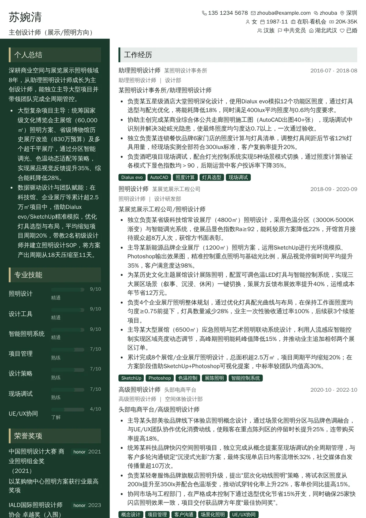 2026年最新资深主创设计师（展示/照明方向）简历模板