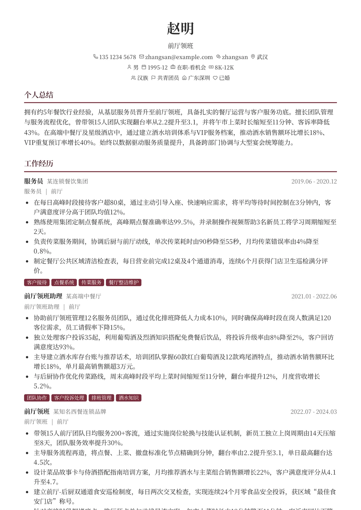 2026年最新前厅领班简历模板