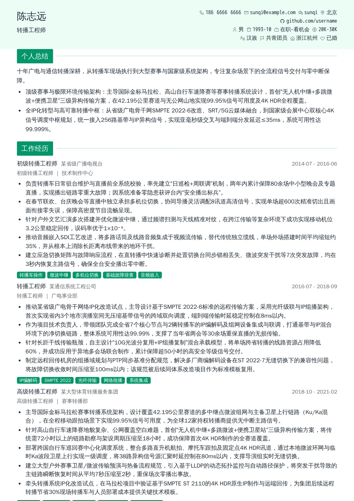 2026年最新转播工程师简历模板