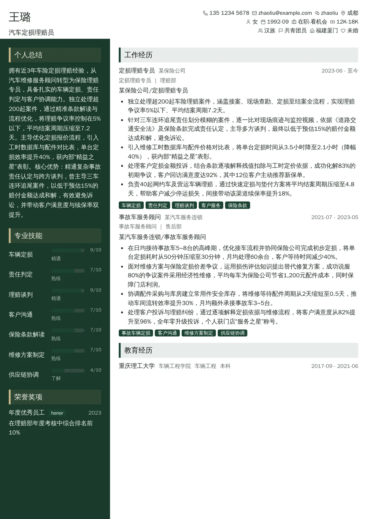 2026年最新汽车定损理赔员简历模板